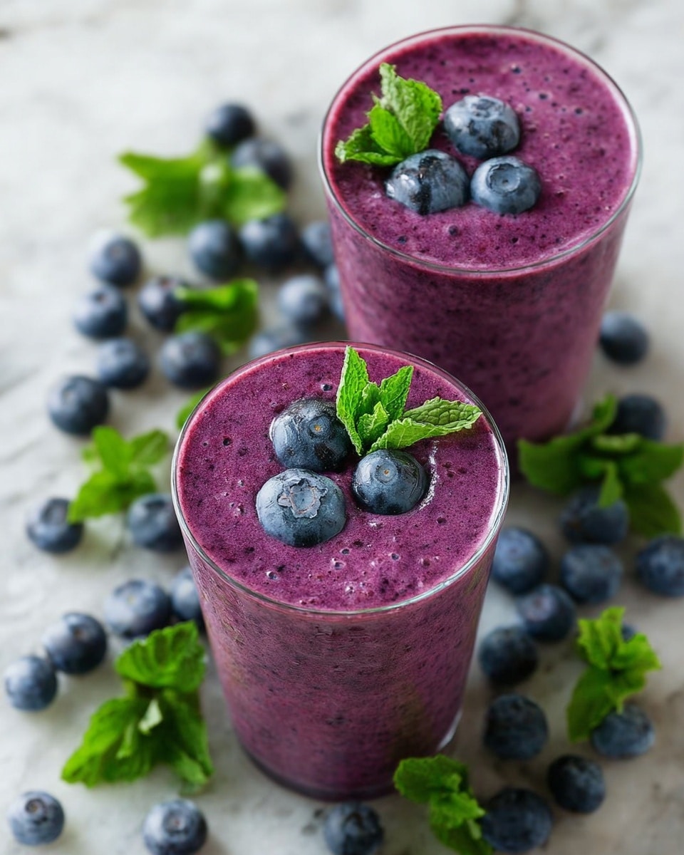 Two glasses filled with a thick, purple blueberry smoothie standing on a white marbled surface scattered with fresh blueberries and green mint leaves. Each smoothie glass is topped with three whole blueberries and a small sprig of bright green mint, with a smooth, creamy texture visible at the top. The glasses are clear and cylindrical, showing the deep purple color of the smoothie inside. The lighting highlights the freshness and vibrant colors of the drink and its garnishes. photo taken with an iphone --ar 4:5 --v 7