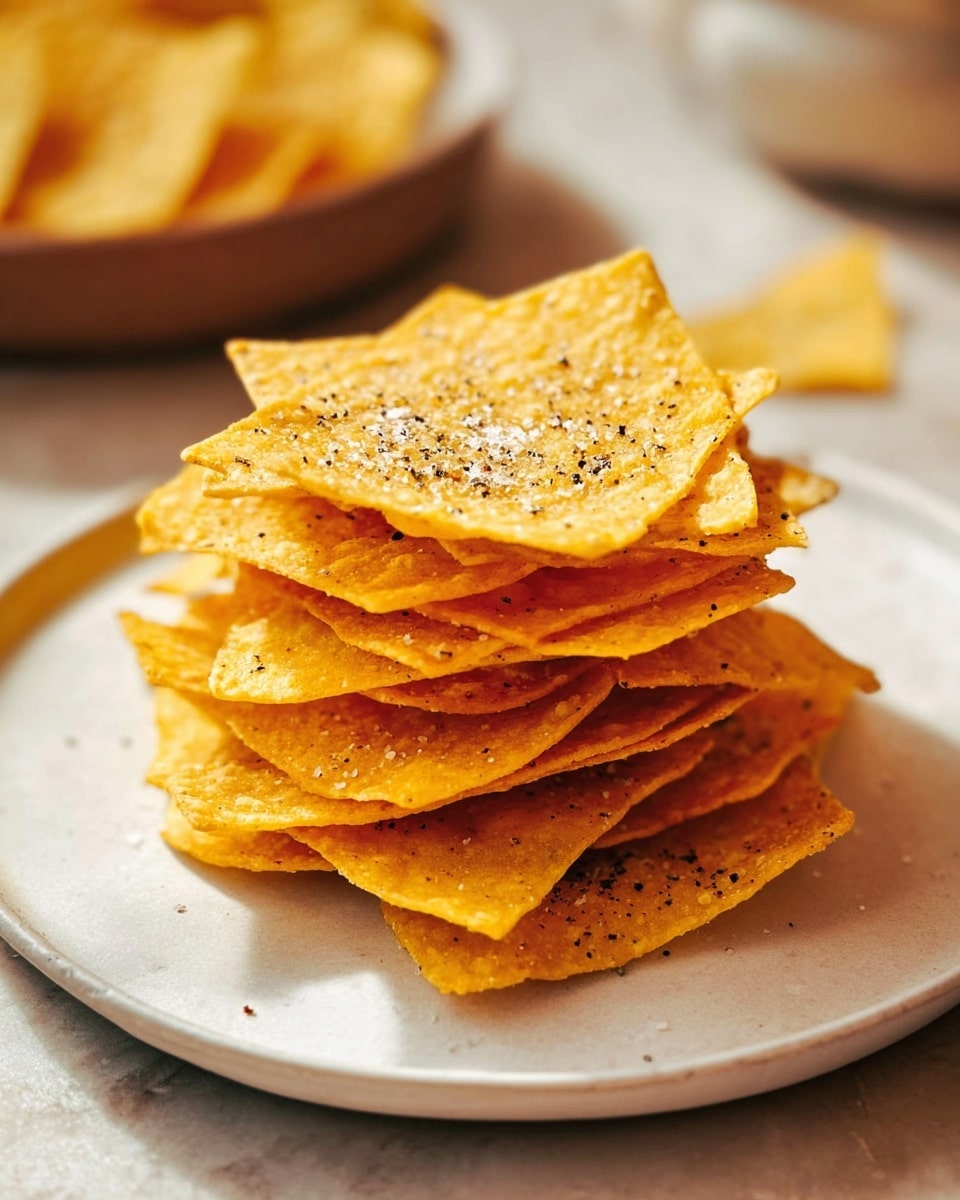 A stack of golden yellow tortilla chips is arranged in the center of a white plate, about seven layers high, each chip lightly speckled with black pepper and small salt crystals. The chips have a crispy texture with slight bubbles on their surface, and the edges show a slight crisp browning. Around the plate, on a white marbled surface, more chips are scattered. In the background, there is a soft-focused second white plate with more chips. The lighting is warm and natural, highlighting the colors and textures vividly. Photo taken with an iphone --ar 4:5 --v 7