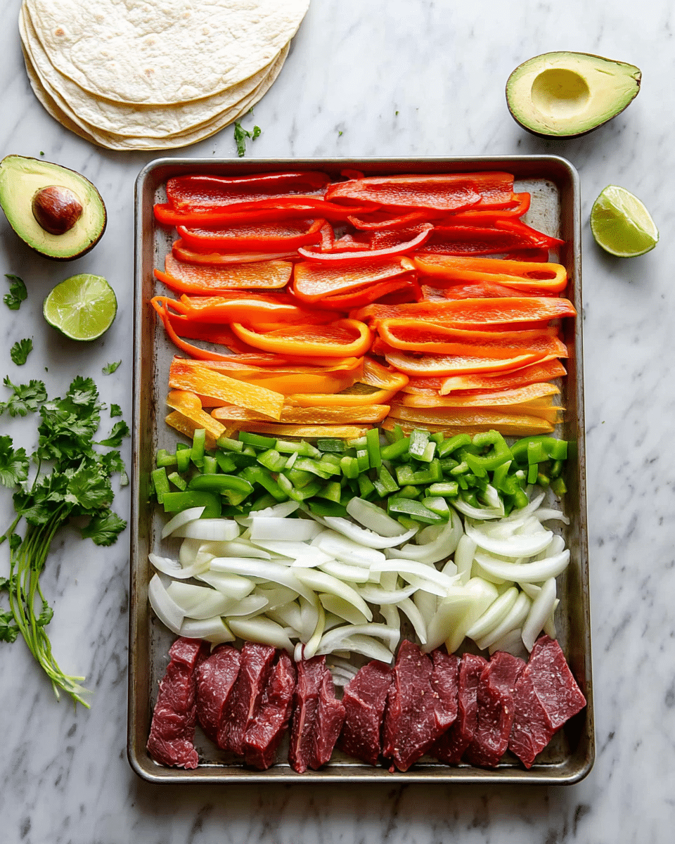 A baking tray holds five neat, horizontal layers arranged from top to bottom: long, thin red pepper strips with a smooth shiny texture; below them bright orange pepper strips with a similar texture; next a layer of chopped green bell peppers featuring both slices and some chunkier pieces; under that a wide band of white onion slices, long and slightly curled; and at the bottom are several pieces of dark reddish-brown raw meat spread out close to each other. On the left side of the tray are two lime wedges. Around the tray on a white marbled surface are a white stack of tortillas in the upper left corner and two halved avocados with one seed visible. Some scattered green herbs add extra color. Photo taken with an iphone --ar 4:5 --v 7