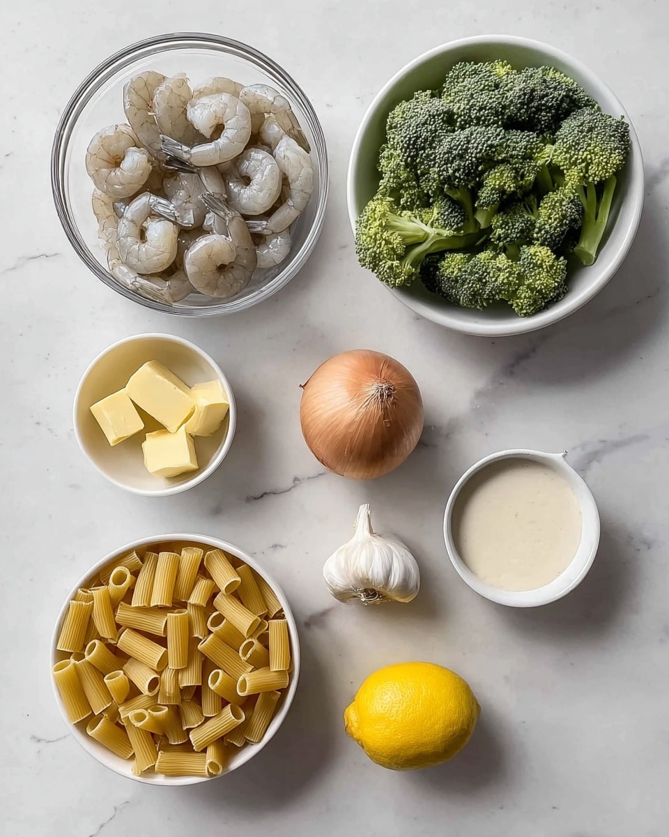 The image shows ingredients placed on a white marbled surface. There is a clear glass bowl at the top left with raw shrimp inside, showing their light grey color and curved shapes. To the right of the shrimp is a white bowl filled with fresh green broccoli florets. Below the broccoli is a bulb of garlic with a light beige outer skin. Below the shrimp and to the left side is a small white bowl with two pieces of yellow butter. Next to the butter, towards the center, sits a whole brown onion with smooth skin. Below the onion is a bright yellow lemon. At the bottom right corner of the image, there's a white bowl filled with uncooked dry rigatoni pasta, showing its light yellow color and cylindrical shape. Near the lemon and pasta is a small white cup filled with a creamy white sauce. The composition is clear and evenly spaced. photo taken with an iphone --ar 4:5 --v 7