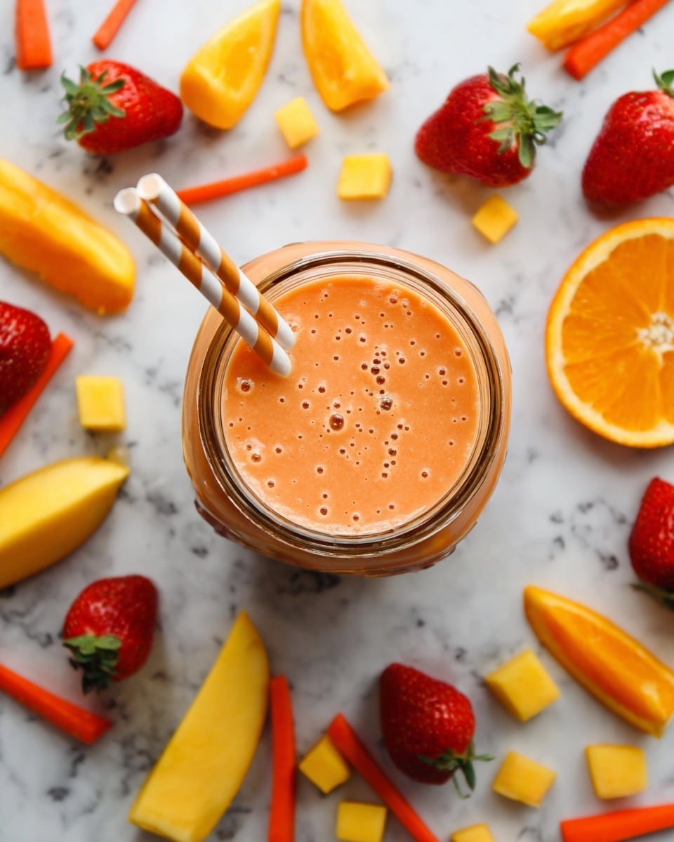 A top view of a clear glass jar filled with a smooth, light orange smoothie with small bubbles on the surface. Two striped straws, white and orange, are placed inside the jar. The jar sits on a white marbled surface scattered with fresh, colorful fruit pieces: bright orange round slices and wedges, whole and sliced red strawberries, vibrant orange carrot sticks, and diced golden yellow mango cubes. The fruits create a lively and fresh frame around the jar. photo taken with an iphone --ar 4:5 --v 7