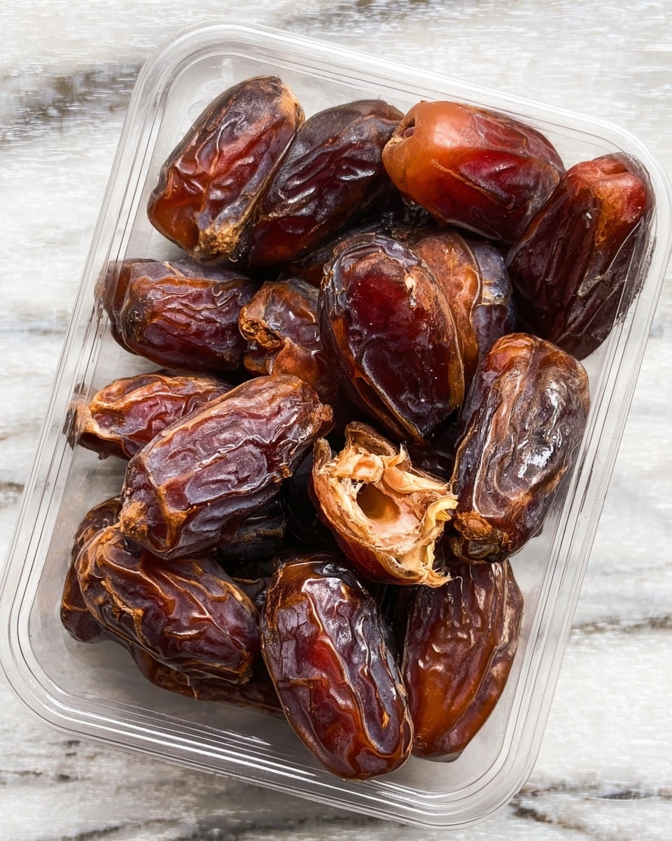 A clear plastic container filled with many dried dates, showing a mix of dark brown and reddish-brown colors with wrinkled and shiny textures. One date is opened in the center, revealing the light brown inside and some fibrous texture around the seed. The container rests on a white marbled surface that adds a clean, subtle background to the rich, natural colors of the dates photo taken with an iphone --ar 4:5 --v 7