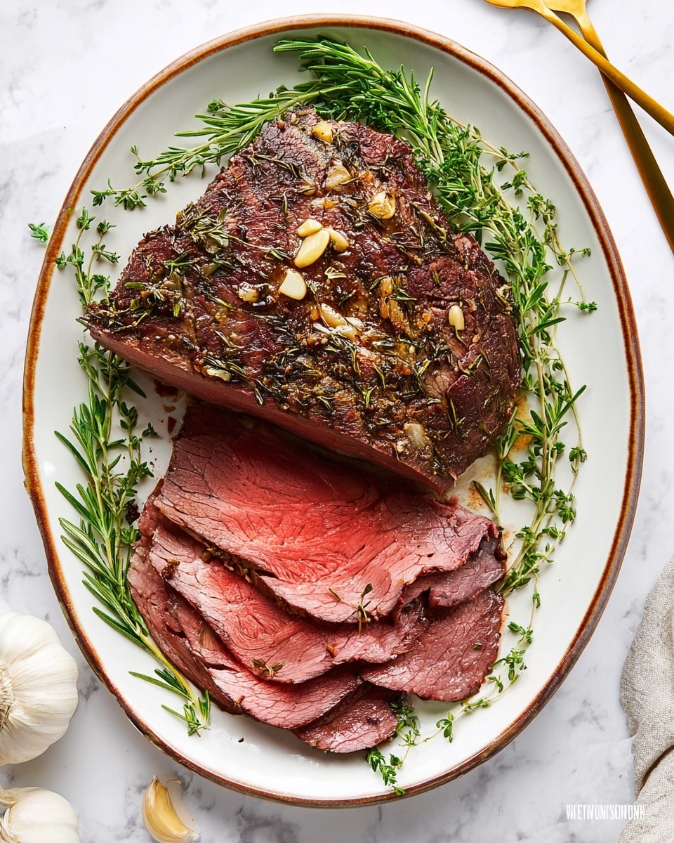 A white oval plate with a brown edge holds a large piece of cooked roast with a dark brown herb crust, studded with small pieces of garlic. Next to the roast are six thin slices of reddish-pink meat with a darker brown edge, layered slightly overlapping in a fan shape. Fresh green rosemary sprigs and other herbs are placed around the meat, adding a bright contrast. The plate sits on a white marbled surface with two garlic cloves nearby and a gold spoon partially visible at the top right. photo taken with an iphone --ar 4:5 --v 7