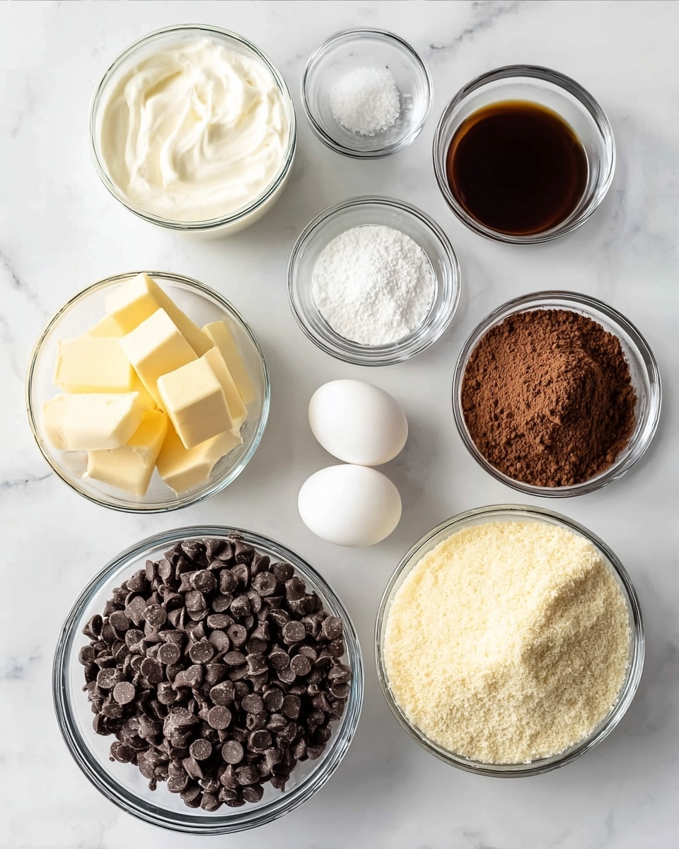 The image shows nine clear glass bowls filled with baking ingredients arranged on a white marbled surface. Starting from the top left, there is a bowl with a smooth white cream texture, beside it to the right is a bowl with dark brown liquid, then a small bowl of white salt. Below these, there's a bowl of cocoa powder with a rich brown color, to its left is a bowl of butter cut into yellowish blocks, and beside that is a bowl full of finely ground light yellow almond flour. In the lower-left corner is a bowl packed with many small, dark chocolate chips, and finally, a small bowl holding two whole white eggs. Everything is set against a clean white marbled background, the bowls are evenly spaced in a neat layout. Photo taken with an iphone --ar 4:5 --v 7