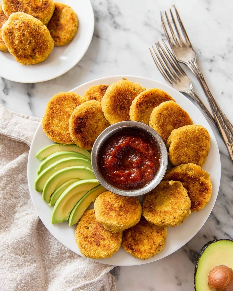 A white plate holds about two dozen golden-brown, small round patties arranged in a loose circular shape, some standing upright and others lying flat. In the center of the plate, there is a small silver bowl filled with thick, dark red sauce with one patty partially dipped into it. In the top left corner, a second white plate contains three golden patties alongside three slices of bright green avocado. The scene is set on a white marbled surface with two silver forks resting to the right of the main plate and a light-colored cloth underneath. A halved avocado with a green interior and brown seed is near the bottom right corner. photo taken with an iphone --ar 4:5 --v 7