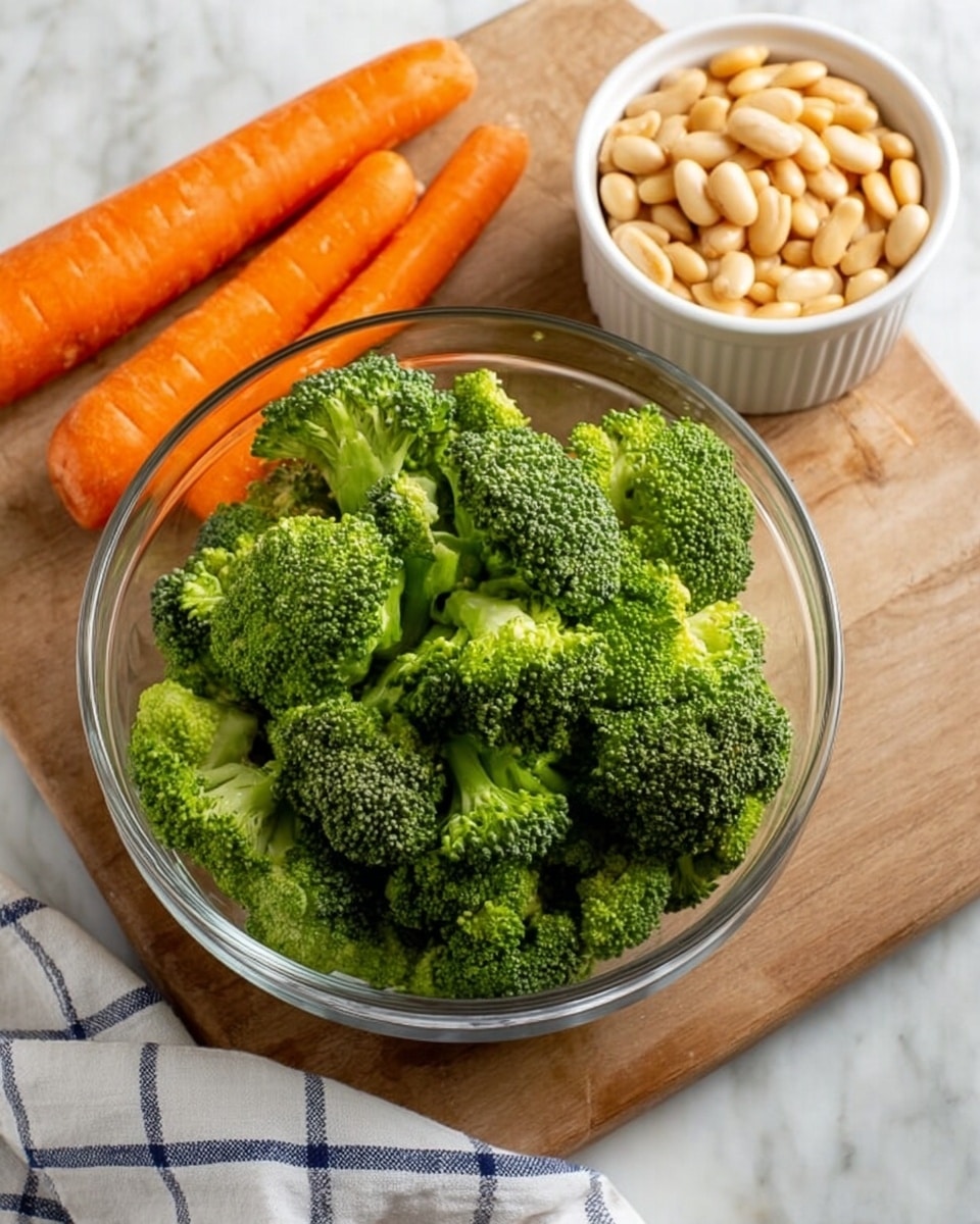 A clear glass bowl filled with many small bright green broccoli florets sits on a wooden board. To the left of the bowl, there are three whole orange carrots placed side by side. To the right, a small white bowl holds smooth, beige beans and is resting on a white and blue striped cloth. The background is a white marbled surface. Photo taken with an iphone --ar 4:5 --v 7