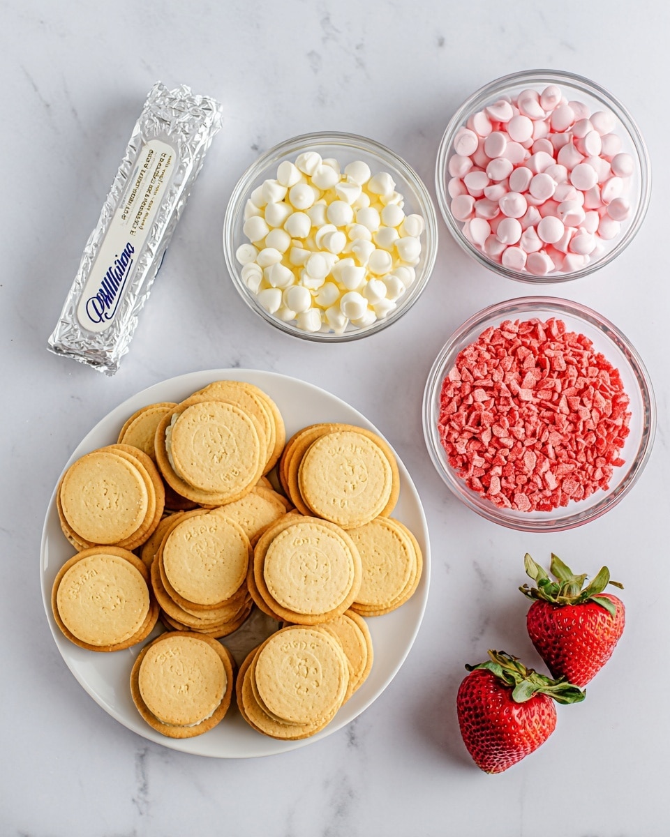 The image shows six rows of golden sandwich cookies neatly placed on a white plate at the bottom left. Above the plate are three clear glass bowls, with the top right bowl filled with white chocolate chips, the top left bowl filled with pink chocolate chips, and the bottom right bowl filled with crushed red pieces. In the top left corner is a small rectangular block wrapped in white foil labeled