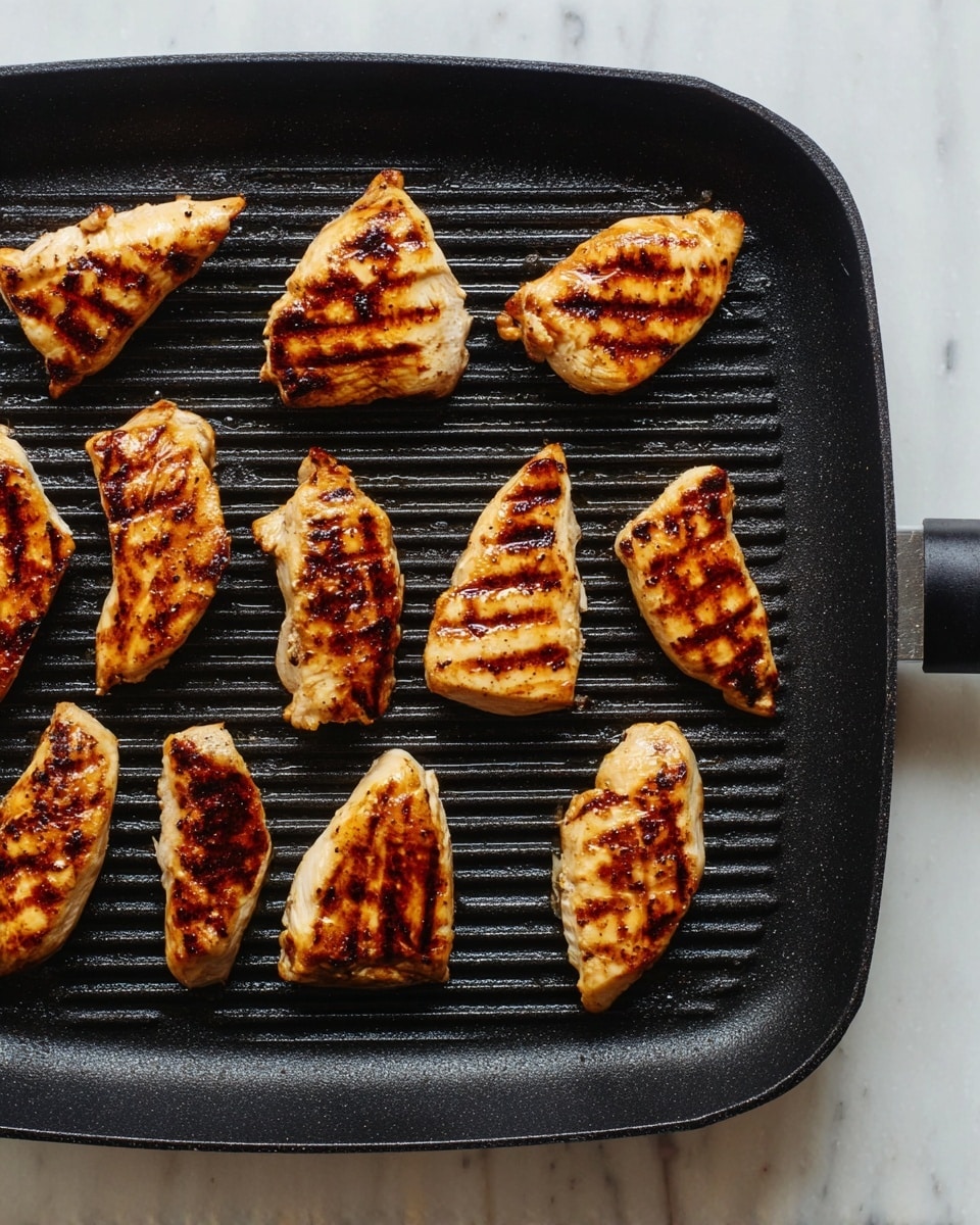 A black grill pan filled with ten pieces of grilled chicken, each piece showing dark grill marks and a golden brown outer layer with a slightly glossy texture. The pieces are arranged in three rows across the pan, with the top row showing four larger pieces, the middle row four medium pieces, and the bottom row two smaller pieces with some showing a tender white interior. The pan sits on a white marbled surface, highlighting the contrast between the dark pan and the light background. photo taken with an iphone --ar 4:5 --v 7