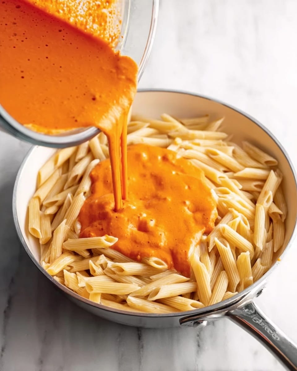 A white pan filled with dry penne pasta in a single layer, with bright orange sauce flowing from a clear blender jar held on the left side, pouring smoothly over the pasta. The sauce has a creamy texture with tiny bubbles on its surface. The pan rests on a white marbled surface, and the shiny silver handle extends out to the right. The scene is bright and well-lit, showing the contrast between the light pasta and the vibrant sauce. Photo taken with an iphone --ar 4:5 --v 7