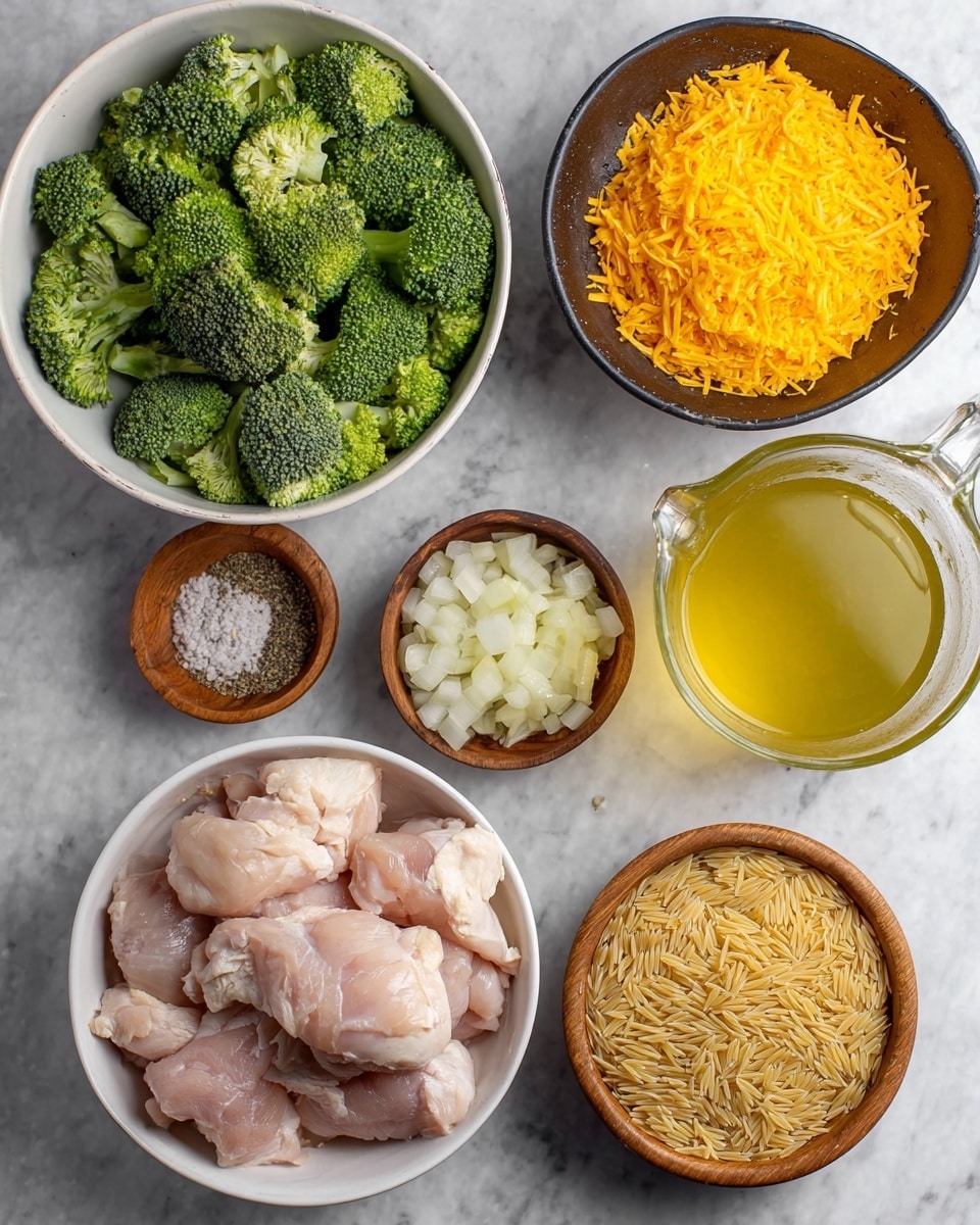 The image shows several ingredients arranged on a white marbled surface. On the left side, there is a white bowl filled with green broccoli florets, and below it another white bowl holds raw chicken pieces sprinkled with salt and pepper. Near the center at the top, a black bowl is heaped with bright orange shredded cheese. Behind it is a clear glass measuring cup filled with yellowish liquid. To the right of the cheese, a wooden bowl contains chopped white onions, and below it another wooden bowl holds dry orzo pasta, light tan in color. Two small wooden bowls sit near the center; one holds minced garlic and the other a small amount of clear oil. The overall layout is neat with bowls spaced evenly, all on a white marbled texture background. Photo taken with an iphone --ar 4:5 --v 7
