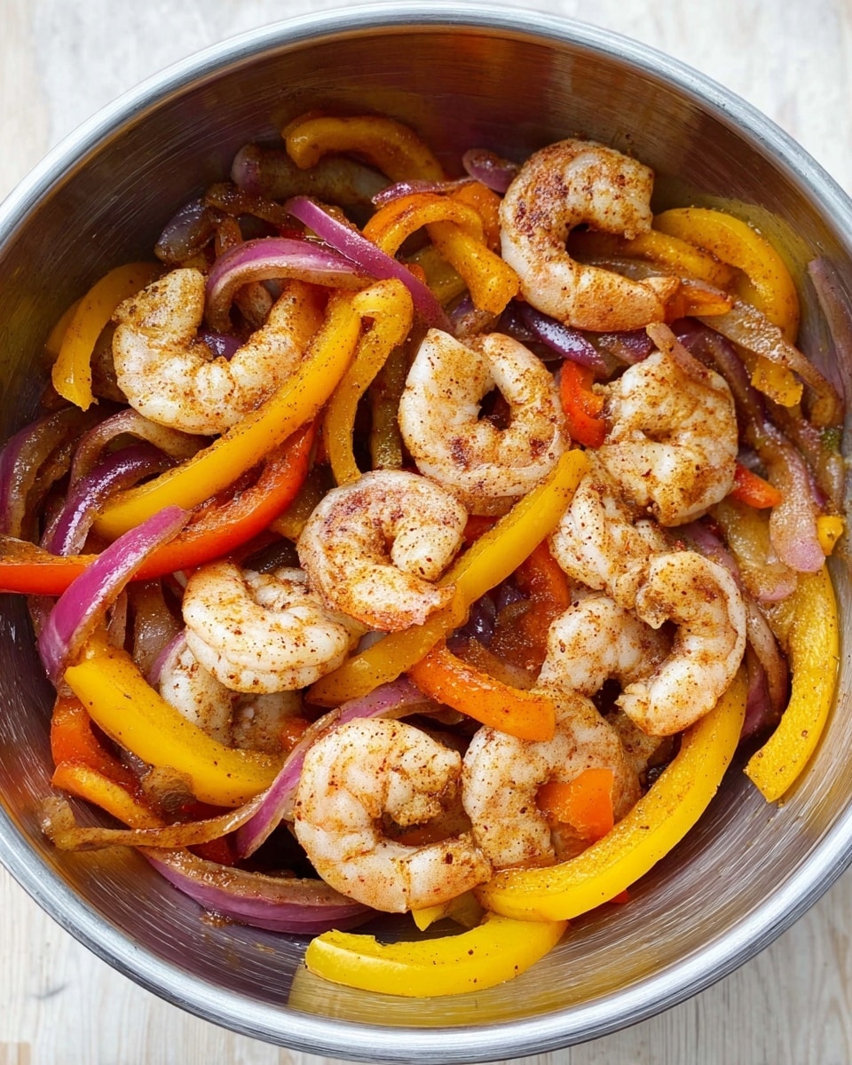 A metal bowl filled with a mix of six cooked shrimp scattered evenly on top with visible seasoning. Beneath them are thinly sliced bell pepper strips in yellow, orange, and red colors, mixed with thin rings of purple onion, all coated in spices for a light brown hue. The shrimp have a firm texture with a slight shine, contrasting with the brightly colored vegetables. The bowl is placed on a white marbled surface photo taken with an iphone --ar 4:5 --v 7