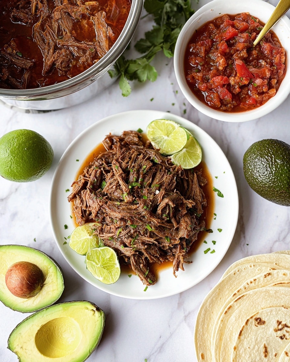 The image shows a white plate with shredded brown meat covered in a light brown sauce, topped with small green herb bits and surrounded by lime wedges placed at the top and bottom edges. Around the plate, there are two whole bright green limes, two avocado halves with one showing the seed and the other empty, a stack of white corn tortillas on a white plate, and a white bowl filled with chunky red salsa with a golden spoon inside. In the upper left corner, part of a silver pot with more shredded meat in red sauce is visible. All items sit on a white marbled surface. Photo taken with an iphone --ar 4:5 --v 7