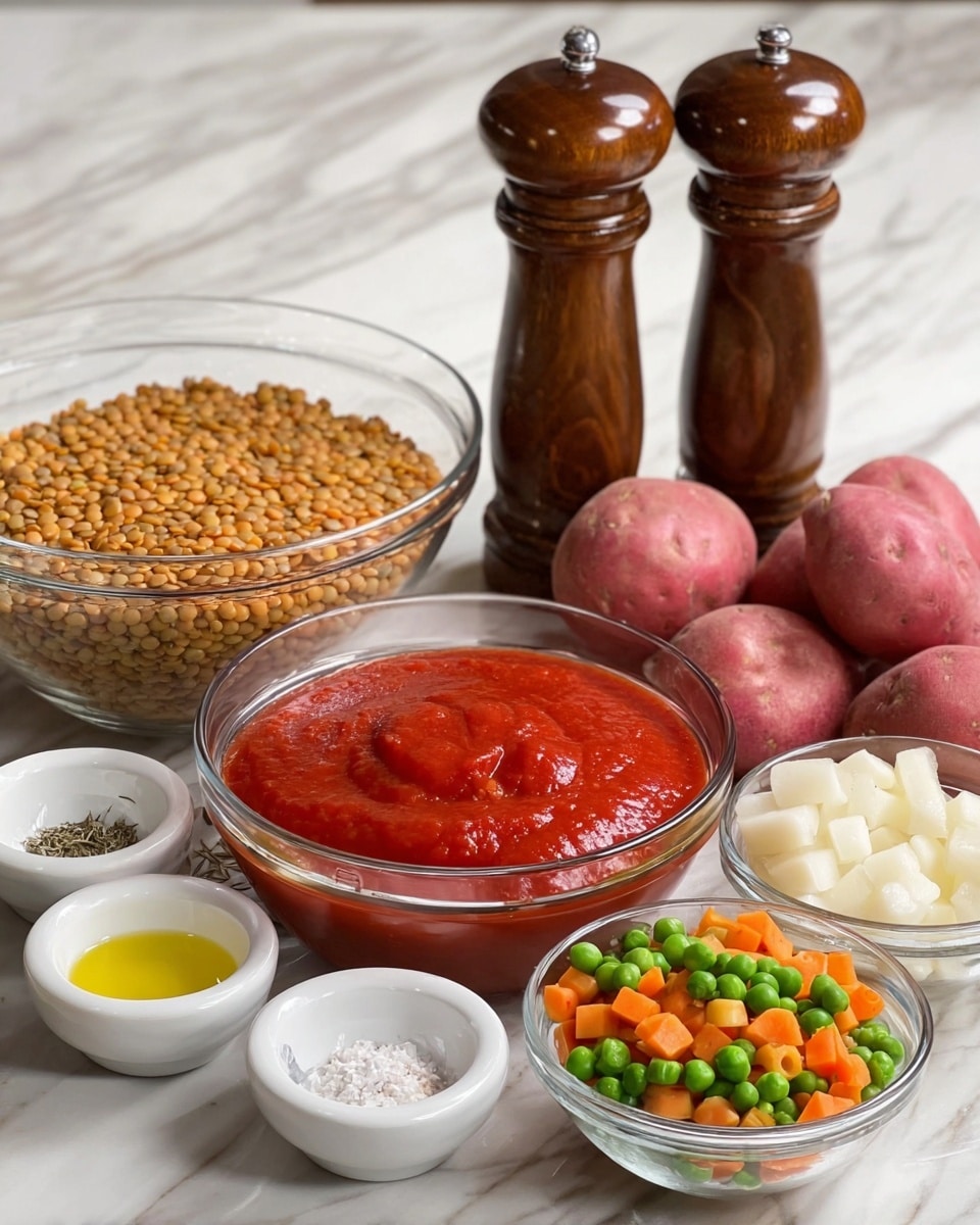The image shows several cooking ingredients arranged on a white marbled surface. At the center is a clear glass bowl filled with smooth, bright red tomato sauce, surrounded by other ingredients. To the left is a larger clear glass bowl with golden-brown cooked lentils. In front of these are three small white bowls, holding a yellow liquid (likely oil), dried herbs, and a white powder (likely salt or a similar seasoning). To the right of the tomato sauce, there is a smaller clear glass bowl filled with small white pieces, and a bowl with frozen mixed vegetables including green peas and orange carrot cubes. Behind these is a group of red potatoes. Two tall wooden pepper and salt grinders stand behind the lentils and tomato sauce. The overall arrangement is neat, with a focus on fresh and simple ingredients, all set against the clean white marbled background. photo taken with an iphone --ar 4:5 --v 7