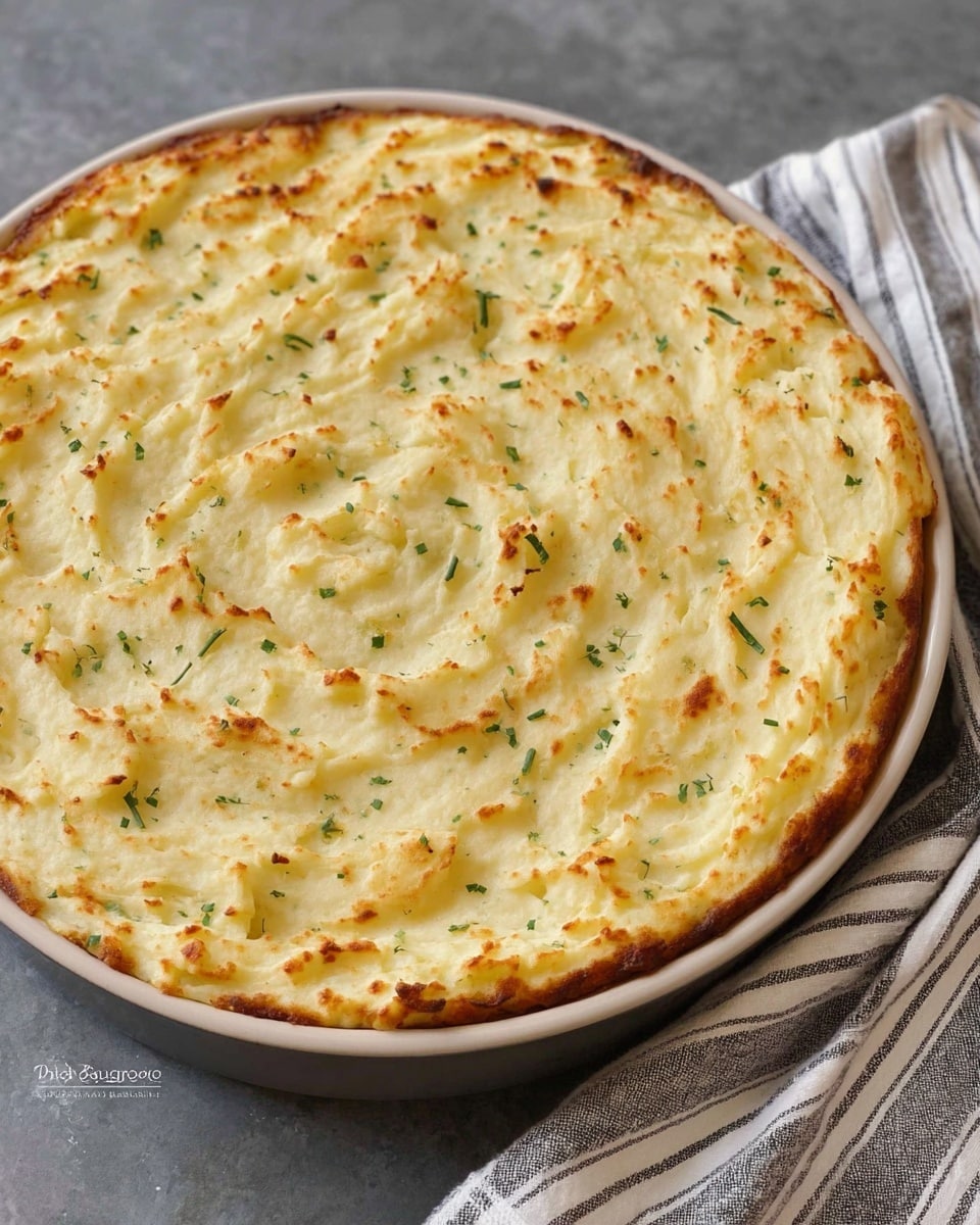 A round, shallow baking dish filled with a thick, even layer of mashed potatoes that are lightly browned on top, showing small peaks and ridges with a slightly crispy texture, sprinkled with small green herb pieces throughout. The mashed potato layer covers the entire surface, with some golden-brown spots where it has baked more. The dish is placed on a grey surface with a striped cloth in the background. Photo taken with an iphone --ar 4:5 --v 7