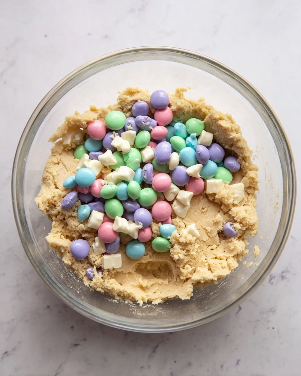 A clear glass bowl sits on a white marbled surface, filled with a light tan cookie dough layer that is soft and slightly crumbly. On top of the dough, there is a thick layer of colorful candy-coated chocolates in pastel shades of green, blue, purple, pink, and yellow, mixed with scattered white chocolate chunks, creating a vibrant contrast against the dough. The candies and chocolate pieces rest loosely on the uneven dough, which fills the bowl about halfway. The scene is simple with a focus on the ingredients inside the bowl. Photo taken with an iphone --ar 4:5 --v 7