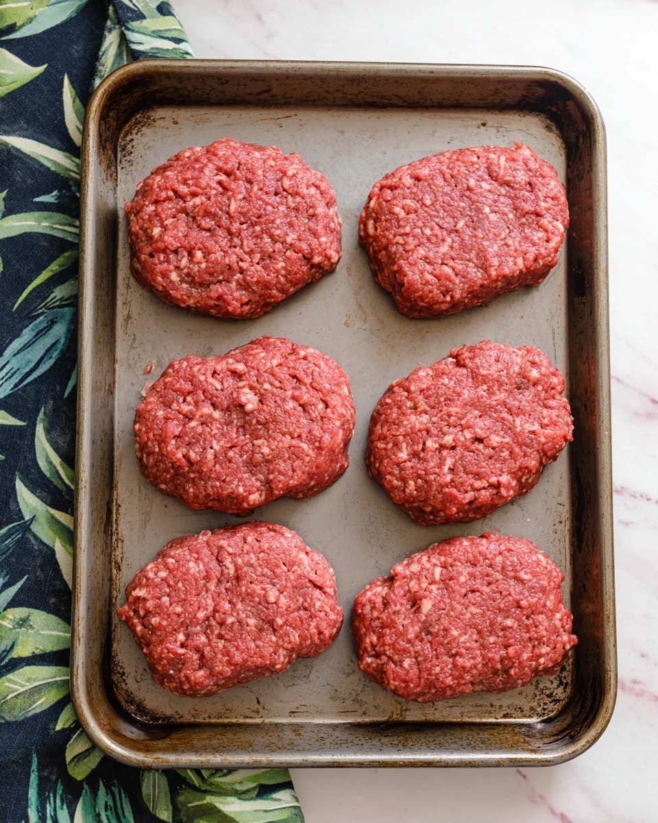 A metal baking tray holds six raw hamburger patties, each roughly oval and thick, with a rough texture showing bits of fat mixed in the red meat. The patties have a slightly uneven surface and are spaced evenly across the tray. The top layer is the reddish-pink raw ground beef with flecks of lighter fat. The tray is placed on a white marbled surface, and part of a cloth with dark blue and green leafy patterns can be seen on the left and right edges. photo taken with an iphone --ar 4:5 --v 7