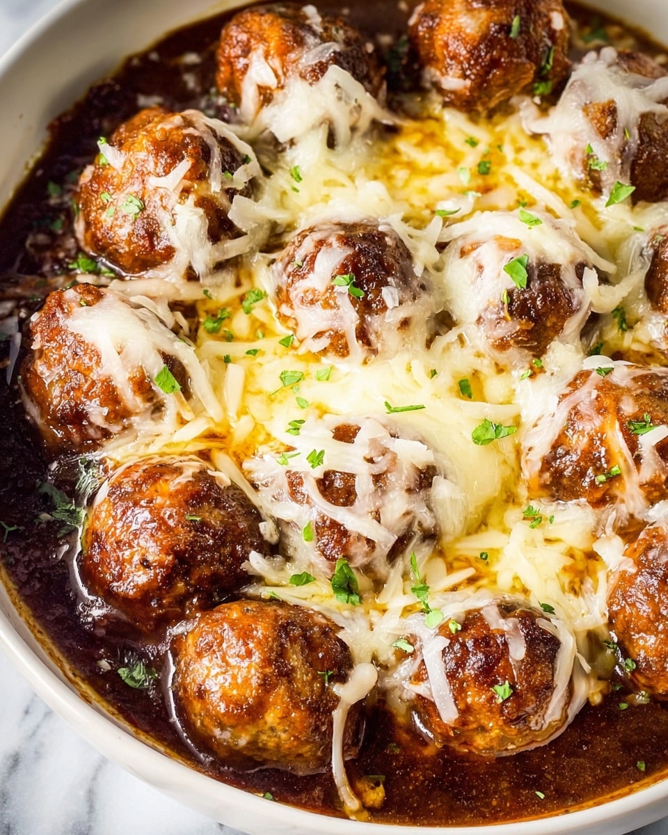 A white bowl filled with about two layers of round, browned meatballs sitting in a thick dark brown sauce, topped with melted white cheese that is stringy and spread unevenly over the meatballs, with a few small green herb pieces sprinkled over the cheese, all glistening with a light shine from the sauce and cheese; the bowl is placed on a white marbled surface photo taken with an iphone --ar 4:5 --v 7