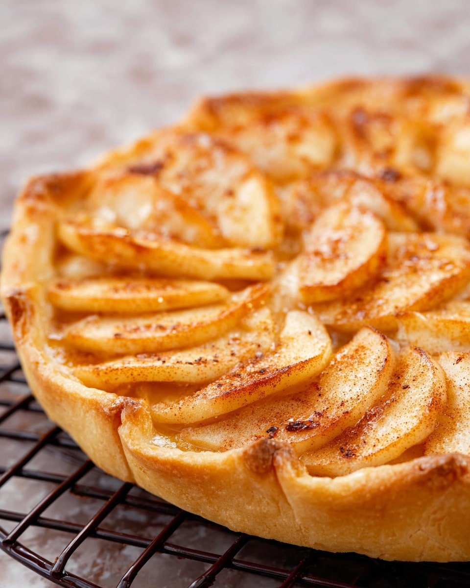 A close-up view of a round apple tart with one visible layer, featuring golden brown baked apple slices arranged in a circular pattern on a smooth, light golden crust that is folded inward on the edges. The apple slices have a slightly caramelized texture with hints of light brown and orange hues. The tart is placed on a dark cooling rack, set against a white marbled surface. Photo taken with an iphone --ar 4:5 --v 7