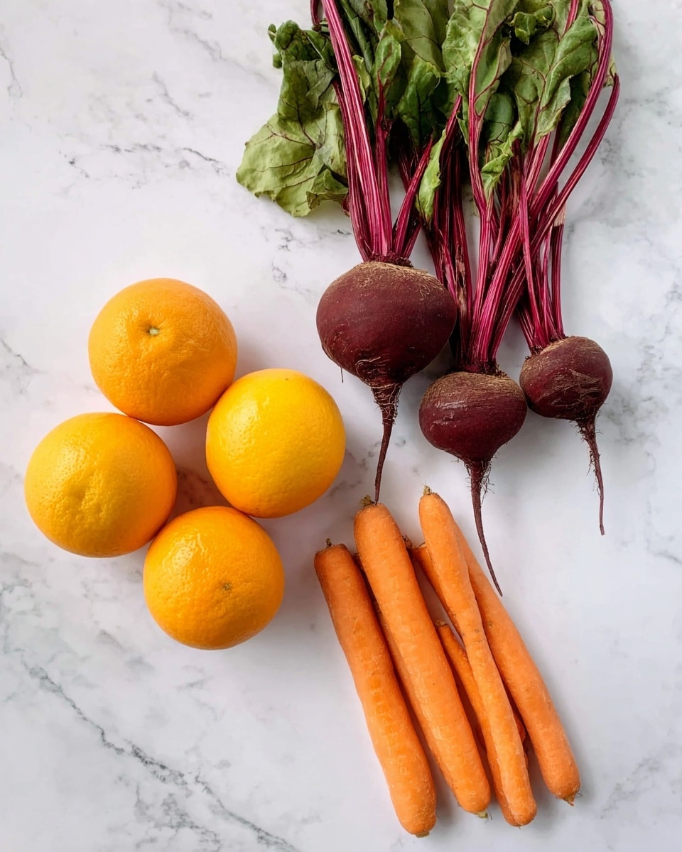 The image shows a group of fresh vegetables and fruits arranged on a white marbled surface. On the top left, there are three beetroots with dark red bulbs and long reddish stems with green leaves. Below the beetroots, four bright orange oranges form a small cluster. On the right side, five slender orange carrots lie close together, showing their smooth texture and vibrant color. The overall scene is clean and simple, with the natural colors of the produce standing out against the white marbled background. photo taken with an iphone --ar 4:5 --v 7