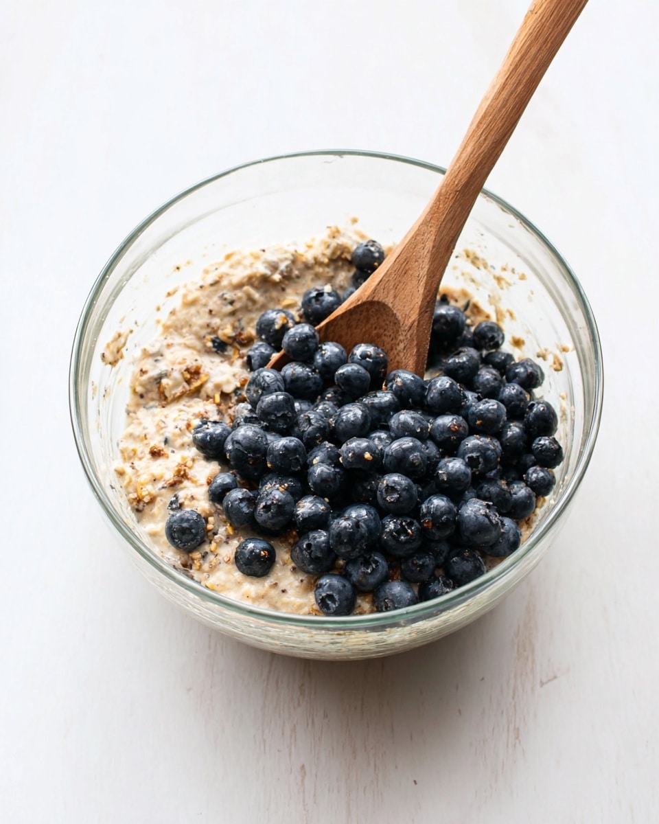 A clear glass bowl holds a mix of creamy oatmeal with visible oats and small brown bits, topped with a pile of fresh, dark blue blueberries. A wooden spoon with a smooth texture is resting inside the bowl, partially mixed into the oatmeal. The bowl is placed on a white marbled surface which adds a soft contrast to the natural colors of the food. photo taken with an iphone --ar 4:5 --v 7