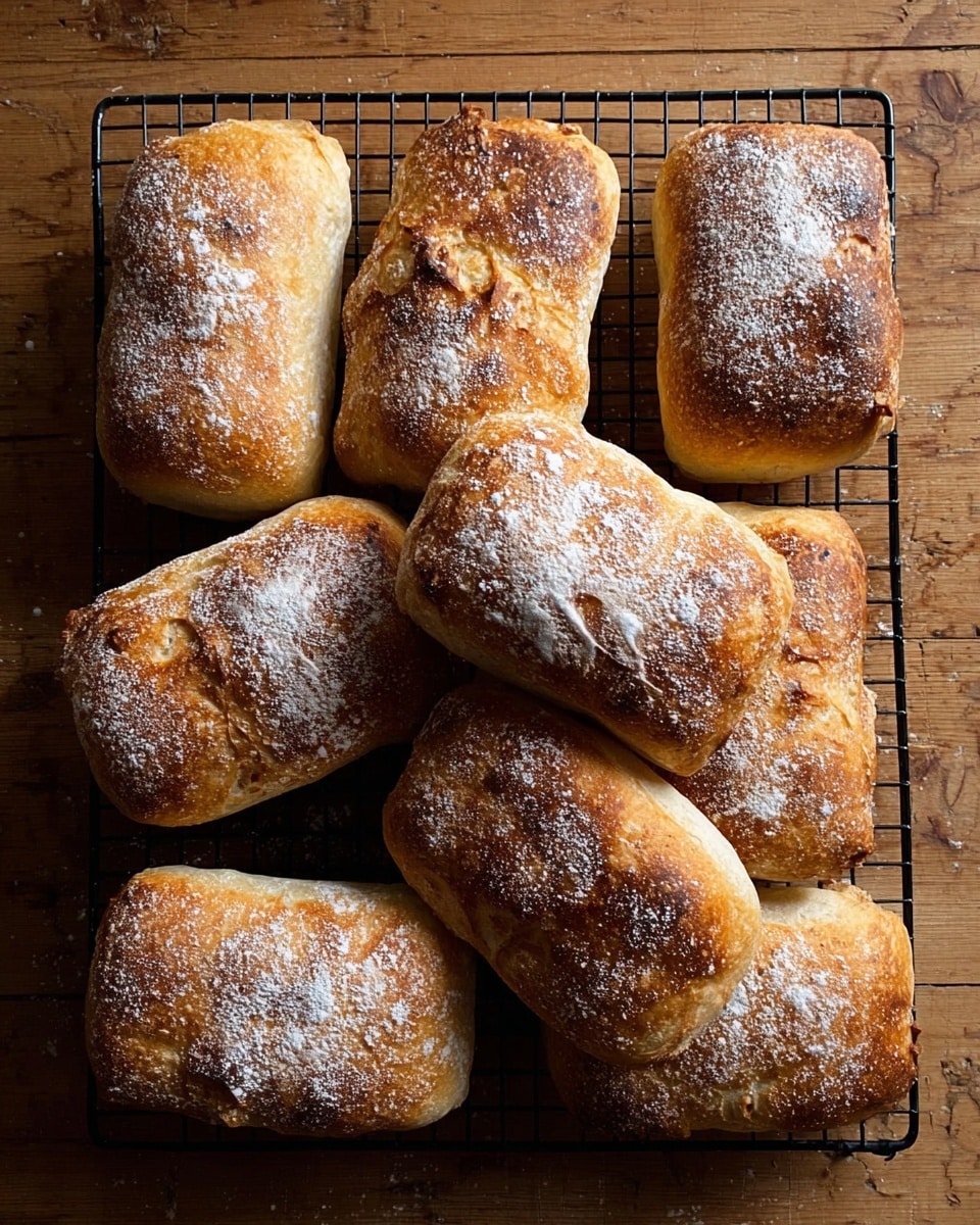 Eight pieces of bread rest on a black metal cooling rack over a wooden surface. The bread is rectangular with rounded edges, golden brown on top with some darker toasted spots, and dusted unevenly with white flour. Each loaf has a slightly rough texture with small bumps and cracks on the crust. The bread is arranged in a casual pattern, filling the rack with some spaced and some slightly overlapping. photo taken with an iphone --ar 4:5 --v 7