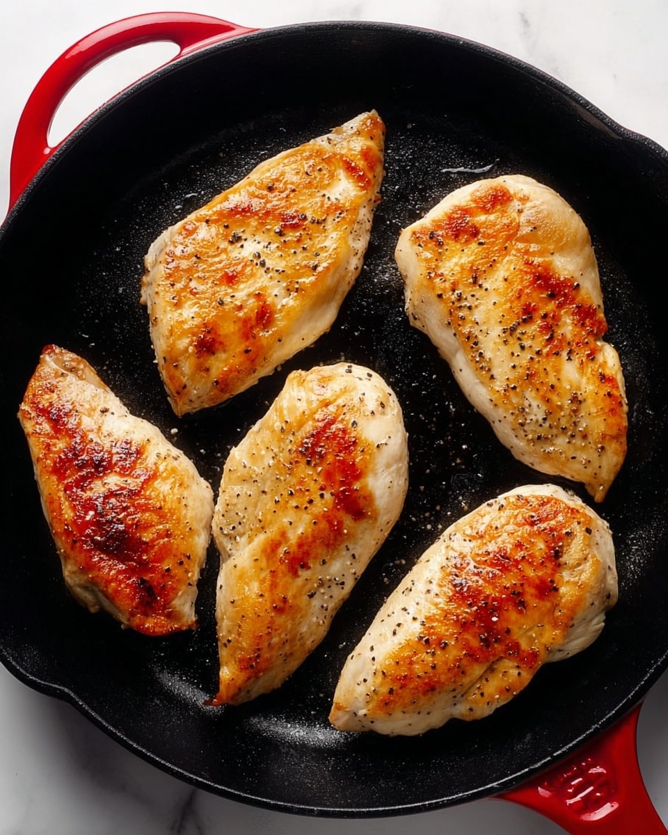 The image shows four cooked chicken pieces in a black cast iron pan with a red handle. Each chicken piece has a golden brown seared top with some black pepper sprinkled on it. The chicken pieces are arranged evenly apart within the pan, showing a nice crispy texture on the surface. The background is a white marbled texture photo taken with an iphone --ar 4:5 --v 7