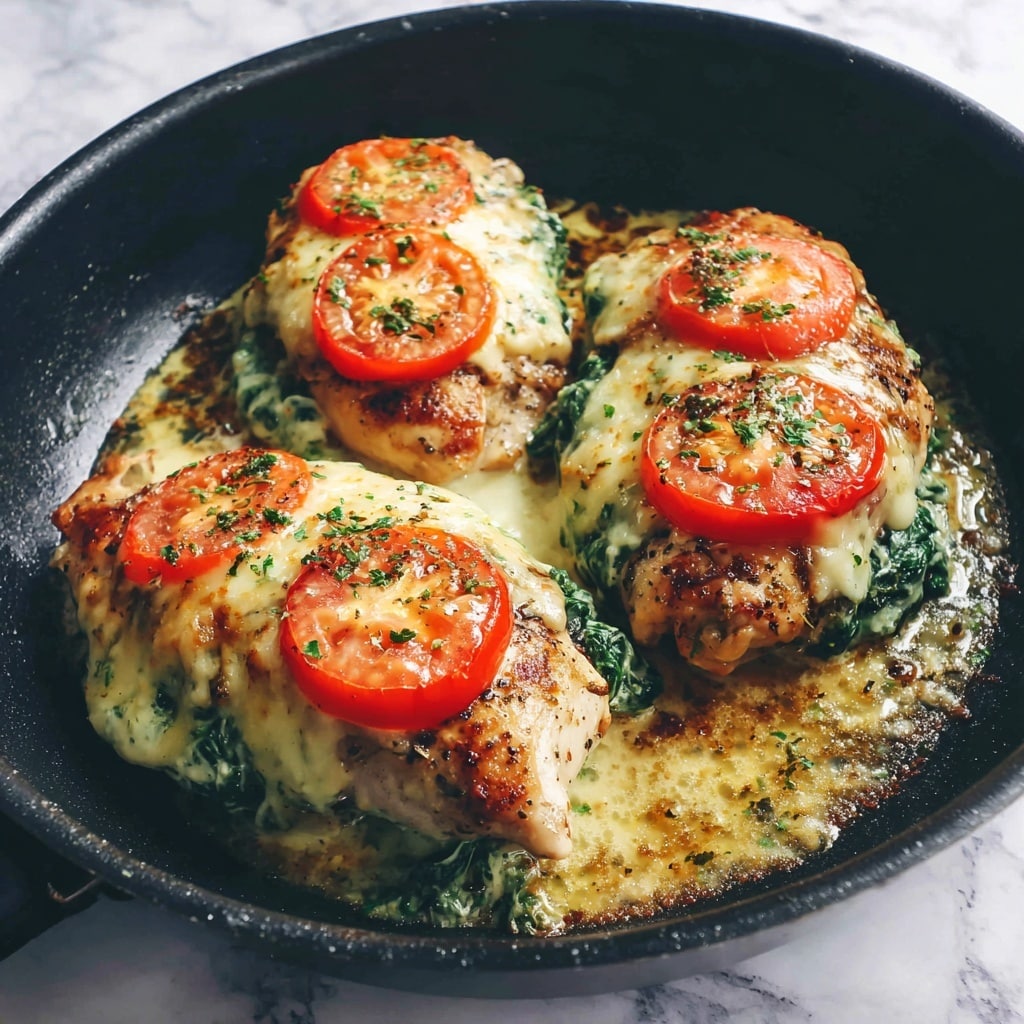 Four cooked chicken pieces sit inside a black pan with a red handle on a white marbled surface. Each piece has three layers: the bottom is golden brown chicken, the middle is a green spinach layer, and the top has two slices of red tomato covered with melted, lightly browned cheese. Small bits of chopped green herbs are sprinkled on top and around the chicken. The pan surface is glossy with small spots of cooked cheese and juices. photo taken with an iphone --ar 4:5 --v 7