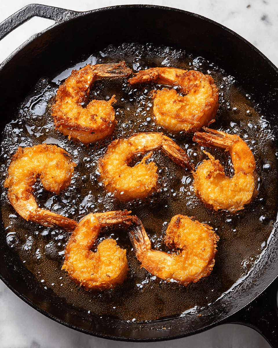 The image shows six golden-brown fried shrimp cooking in a black cast iron pan filled with bubbling oil. Each shrimp has a crispy, textured coating with a slightly uneven surface and tails sticking out, showing a darker, more natural shrimp color. The shrimp are spread out across the pan, surrounded by small bubbles and a glistening layer of hot oil. The pan sits on a white marbled surface. photo taken with an iphone --ar 4:5 --v 7