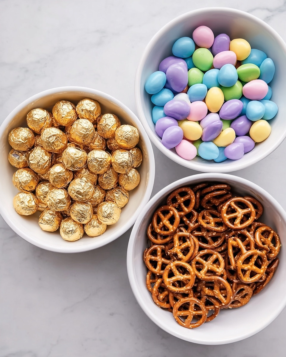 There are three white bowls placed on a white marbled surface. The left bowl is filled with small round chocolates wrapped in shiny gold foil, showing reflections of light on their textured surfaces. The middle bowl contains pastel-colored candy-coated chocolates in purple, blue, green, yellow, and pink, with a smooth, matte finish. The right bowl holds many small, golden-brown pretzels with a shiny, slightly glossy appearance and a twisted shape. photo taken with an iphone --ar 4:5 --v 7