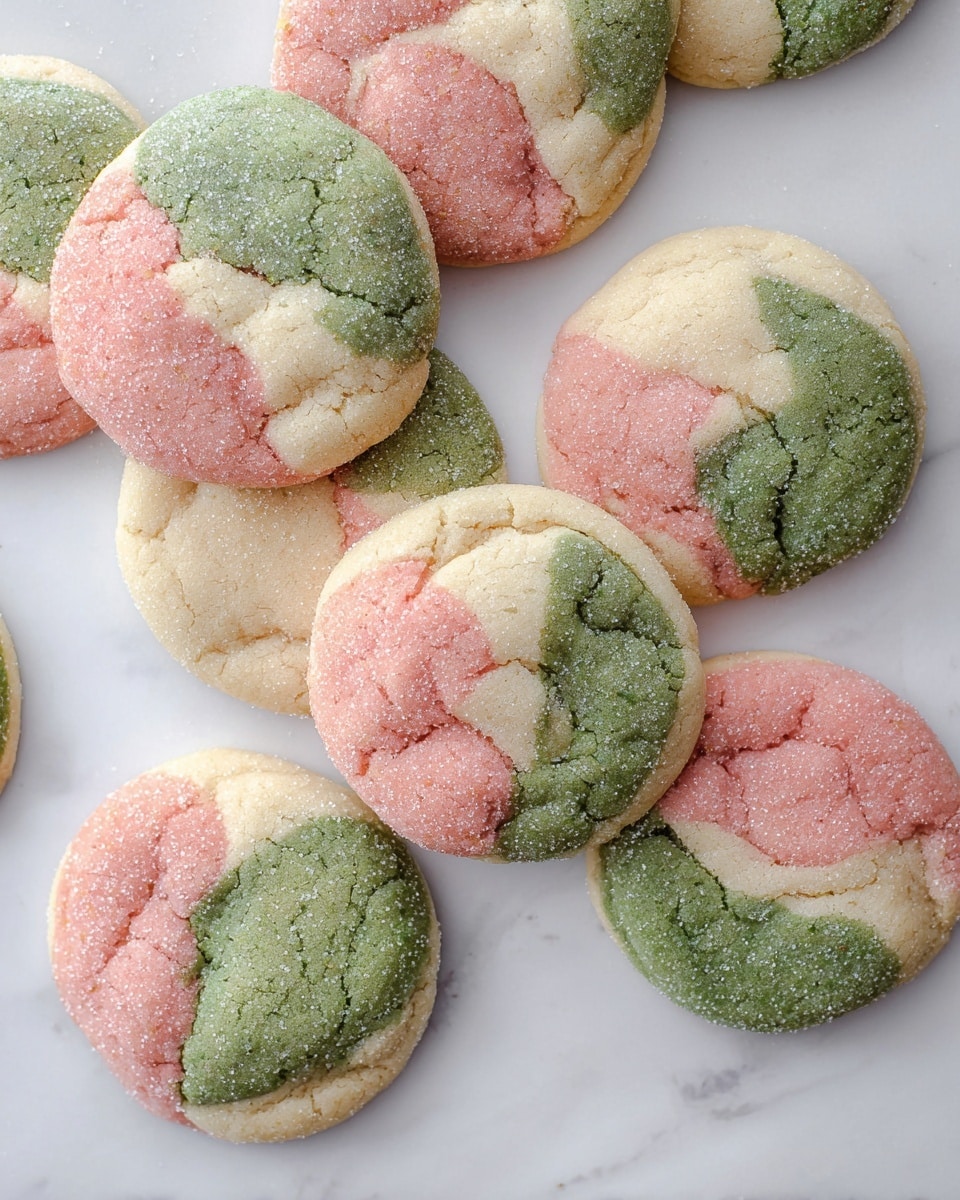 The image shows round cookies with a three-color swirl pattern, featuring soft green, pale pink, and creamy white sections mixed together on each cookie. The cookies have a slightly cracked texture and a sugar coating that adds a sparkly look. They are spread out on a white marbled surface, giving a clean and bright background to the colorful cookies. photo taken with an iphone --ar 4:5 --v 7