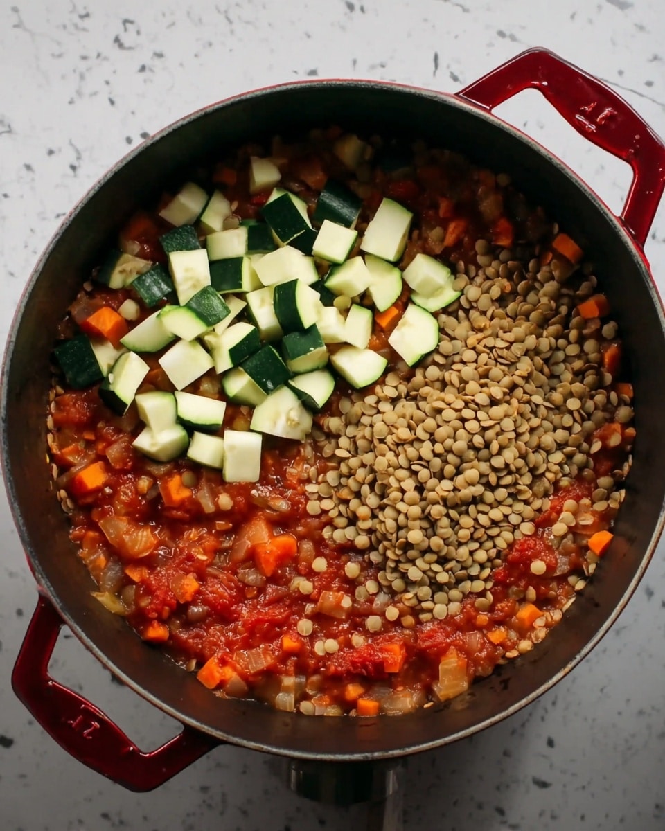 A round black pot with two red handles is shown from above, filled with three visible layers of ingredients. The bottom layer consists of a chunky, bright red tomato sauce with diced carrots and onions visible, creating a textured mix. On top of this sauce, chopped green and pale zucchini pieces are placed on the left half, providing a fresh contrast with their smooth surfaces. The right half is covered with a heap of light brown lentils, creating a slightly rough texture layer beside the zucchini. The pot is set against a white marbled surface. Photo taken with an iphone --ar 4:5 --v 7