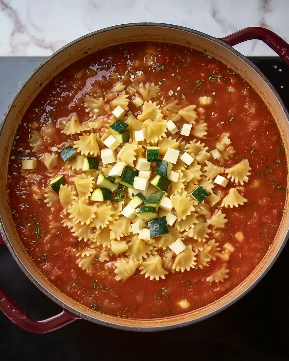 A large deep pot filled with a rich red tomato soup layered with small diced green zucchini and white cheese cubes scattered evenly throughout. On top of the soup, there is a layer of uncooked ruffled yellow pasta pieces arranged loosely in the center. The pot has dark red handles and is set on a white marbled surface. The liquid has a slightly thick texture with visible herbs mixed in. Photo taken with an iphone --ar 4:5 --v 7