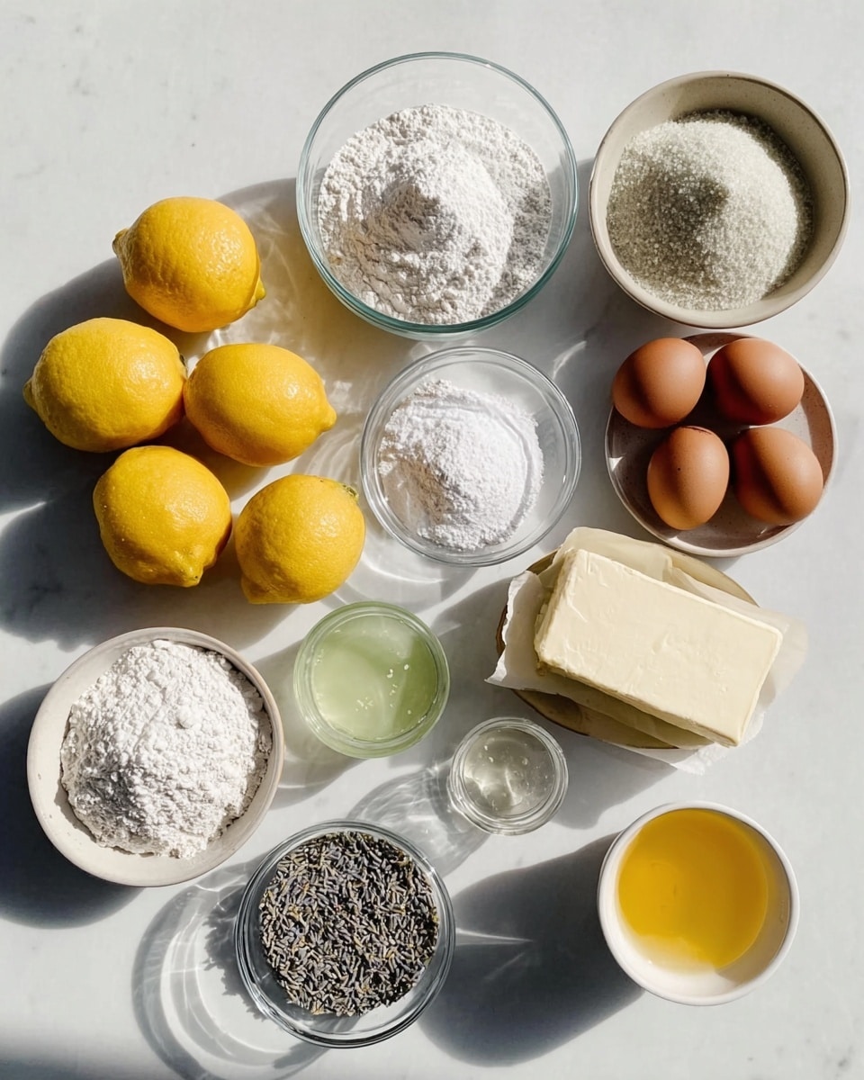 A bright image shows clear glass bowls filled with white flour, powdered sugar, and granulated sugar, arranged neatly on a white marbled surface. Three fresh yellow lemons sit between the bowls, adding a pop of color. A small white bowl holds three brown eggs, while a white ceramic bowl contains light green liquid. A stick of butter wrapped in paper, a small glass cup with amber-colored liquid, a tiny glass filled with salt, and a small white bowl with dried lavender flowers complete the spread. Soft sunlight casts gentle shadows across the scene, creating a fresh and inviting atmosphere. Photo taken with an iphone --ar 4:5 --v 7