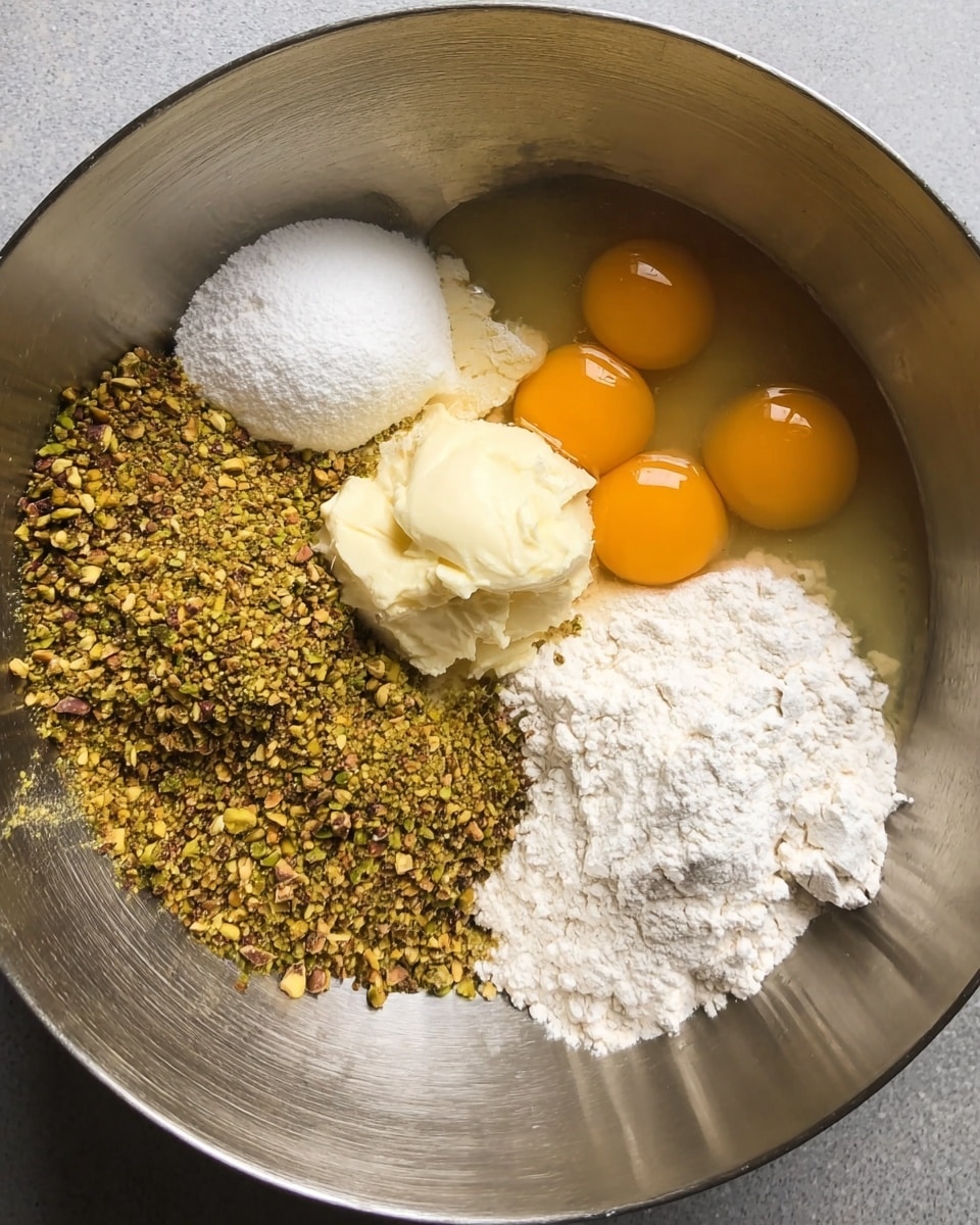 The image shows a large metal bowl with seven different ingredients placed inside in separate groups. At the top right, there are four orange egg yolks surrounded by a clear liquid. To the left of the yolks, there's a white powder, likely sugar, and next to it, a creamy pale yellow dollop of butter. Below the butter, a large pile of crushed pistachios creates a greenish-brown patch with a rough texture. Near the bottom right, two piles of white flour and baking powder sit side by side. The ingredients have a mix of smooth, powdery, and coarse textures. The inside of the bowl is shiny, giving a reflective silver background. photo taken with an iphone --ar 4:5 --v 7