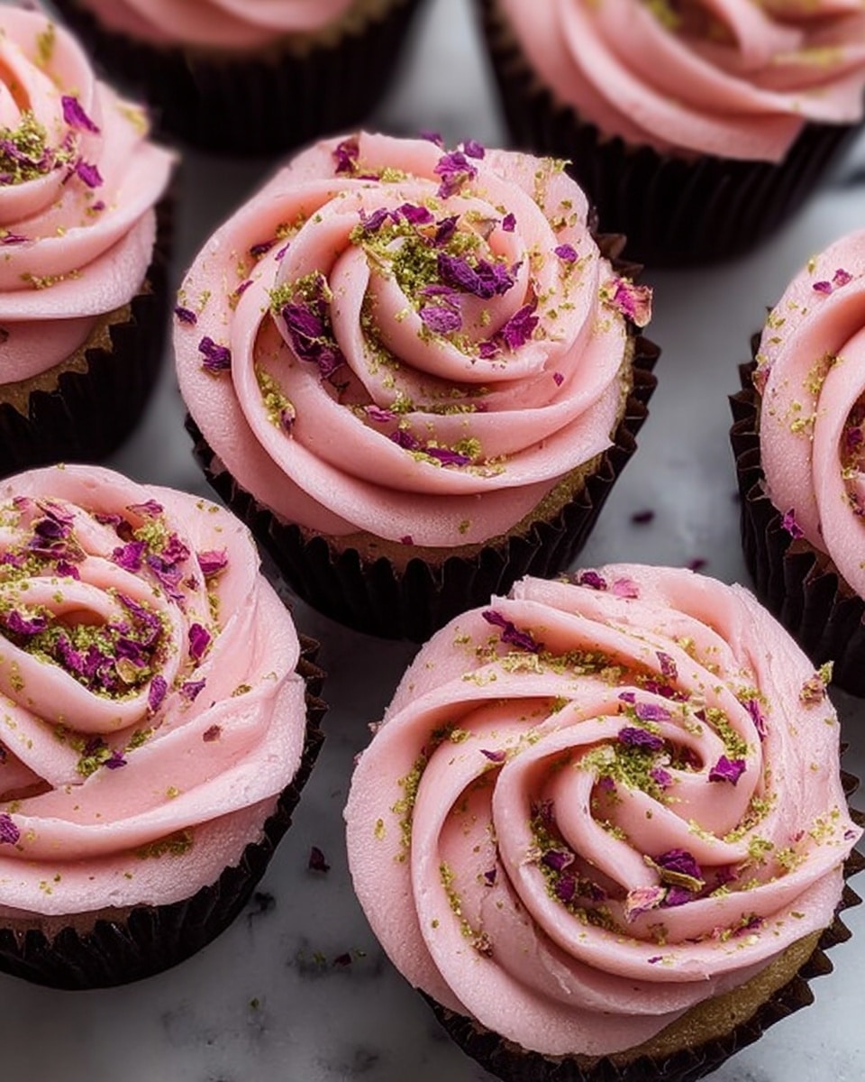 The image shows several cupcakes, each topped with a swirl of smooth, soft pink frosting arranged in a rose shape with many delicate layers. The frosting is sprinkled with small bits of dried rose petals and light green crumbs scattered evenly over the top. The cupcakes are in dark brown paper liners that contrast with the pastel pink frosting. They are placed closely together on a white marbled surface. The photo has a clear, close-up view of the cupcakes' texture and delicate decoration, highlighting the softness of the frosting and the colorful sprinkles photo taken with an iphone --ar 4:5 --v 7