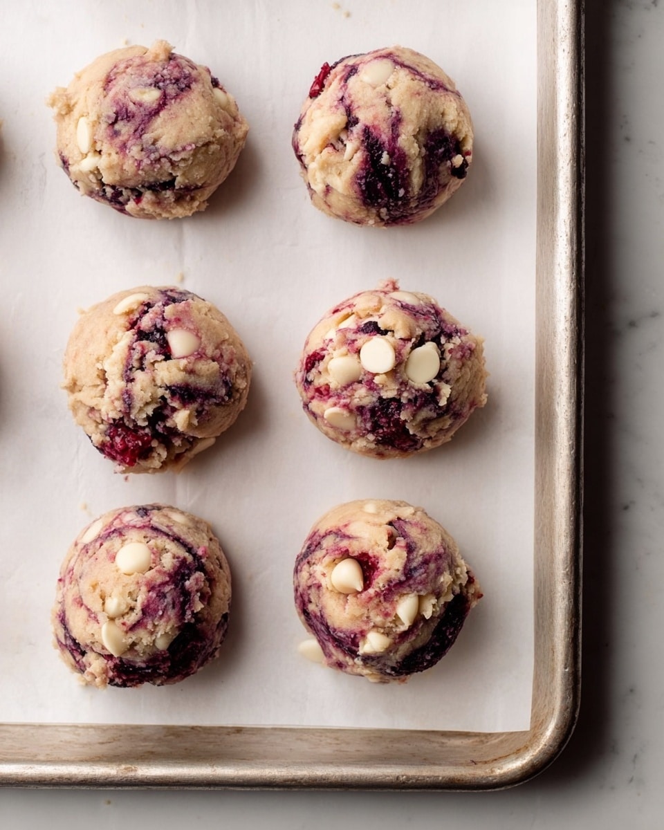 Six round cookie dough balls with white chocolate chips and dark berry swirls sit spaced evenly on a white parchment-lined silver baking tray. The dough is light beige with purple and dark red streaks from the berries, creating a marbled texture. The white chips contrast softly against the dough, and the rough, slightly crumbly texture of the dough balls shows small cracks and folds. The tray edges are visible on the right and top sides, set on a white marbled surface. photo taken with an iphone --ar 4:5 --v 7
