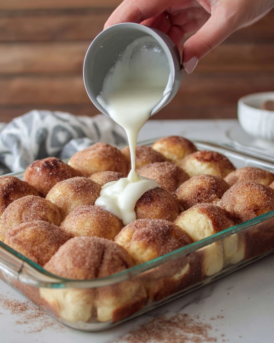The image shows a glass baking dish filled with about 16 round cinnamon rolls arranged closely in four rows. Each cinnamon roll is golden brown with a slightly crispy texture and covered in a shiny white glaze that drips down the sides. A woman's hand is holding a spatula lifting one cinnamon roll from the center, showing its fluffy interior. The dish is placed on a white cloth over a turquoise woven mat, all on a white marbled surface. Photo taken with an iphone --ar 4:5 --v 7