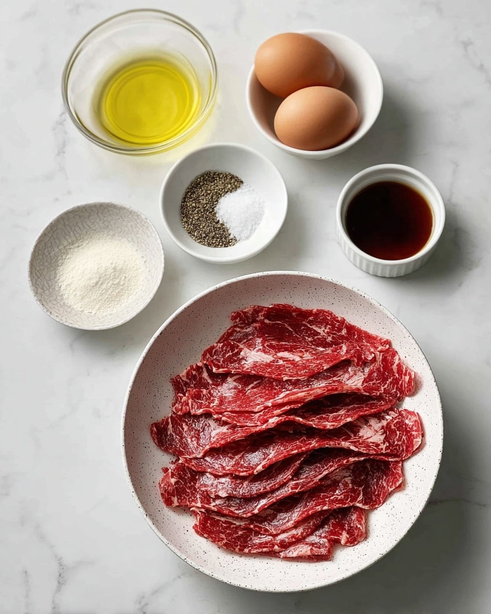 The image shows a white speckled bowl filled with many thin, red slices of raw meat, arranged in a slightly overlapping pile. Above the bowl, there is a small white bowl with dark brown sauce and another white bowl holding two brown eggs side by side. To the left, a clear glass bowl contains yellow oil, while below it there is a white bowl with white powder. Next to the powder bowl, there is a smaller white bowl with half black pepper and half white salt. All items are arranged on a white marbled surface. photo taken with an iphone --ar 4:5 --v 7