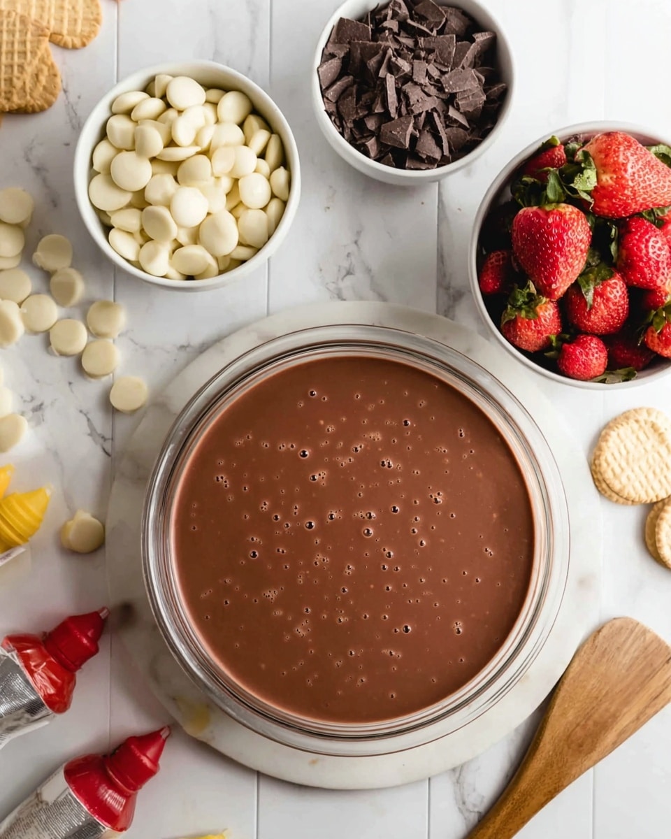 The image shows several bowls and items arranged on a white marbled surface. In the center bottom, there is a large clear glass bowl filled with smooth brown chocolate mixture that has small bubbles on the surface. Above it to the left, a white bowl holds many round white chocolate pieces. To the right of this, another white bowl is filled with fresh red strawberries with green leaves. Above the strawberries, a smaller clear glass bowl contains dark brown crushed cookie pieces. On the left side, there are small bottles of red and yellow food coloring with pointed tips. Scattered white chocolate pieces and some chocolate sandwich cookies are also placed loosely around the bowls. The scene is bright and clean, with natural light and a wooden spatula partly visible on the right side. Photo taken with an iphone --ar 4:5 --v 7