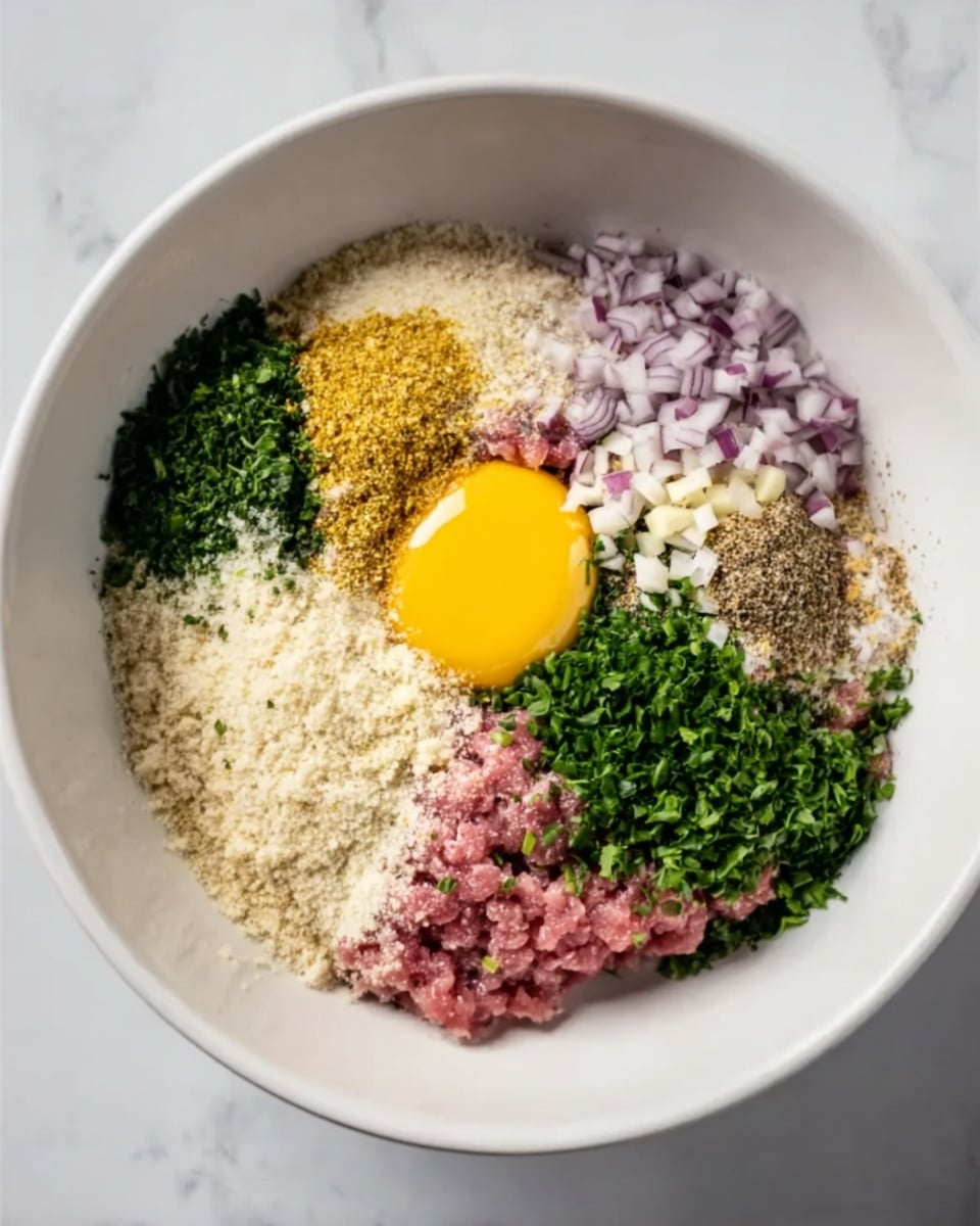 In a white bowl, there are several layers of ingredients arranged separately. At the base, there is a yellow egg yolk and some ground meat in pink color. Around it, there are light beige breadcrumbs, bright green chopped herbs on two sides, finely chopped light purple onions, and small pieces of white garlic. On top of the meat, there are small piles of white salt, black pepper, and brown seasoning powder. The bowl sits on a background of white marble texture. photo taken with an iphone --ar 4:5 --v 7