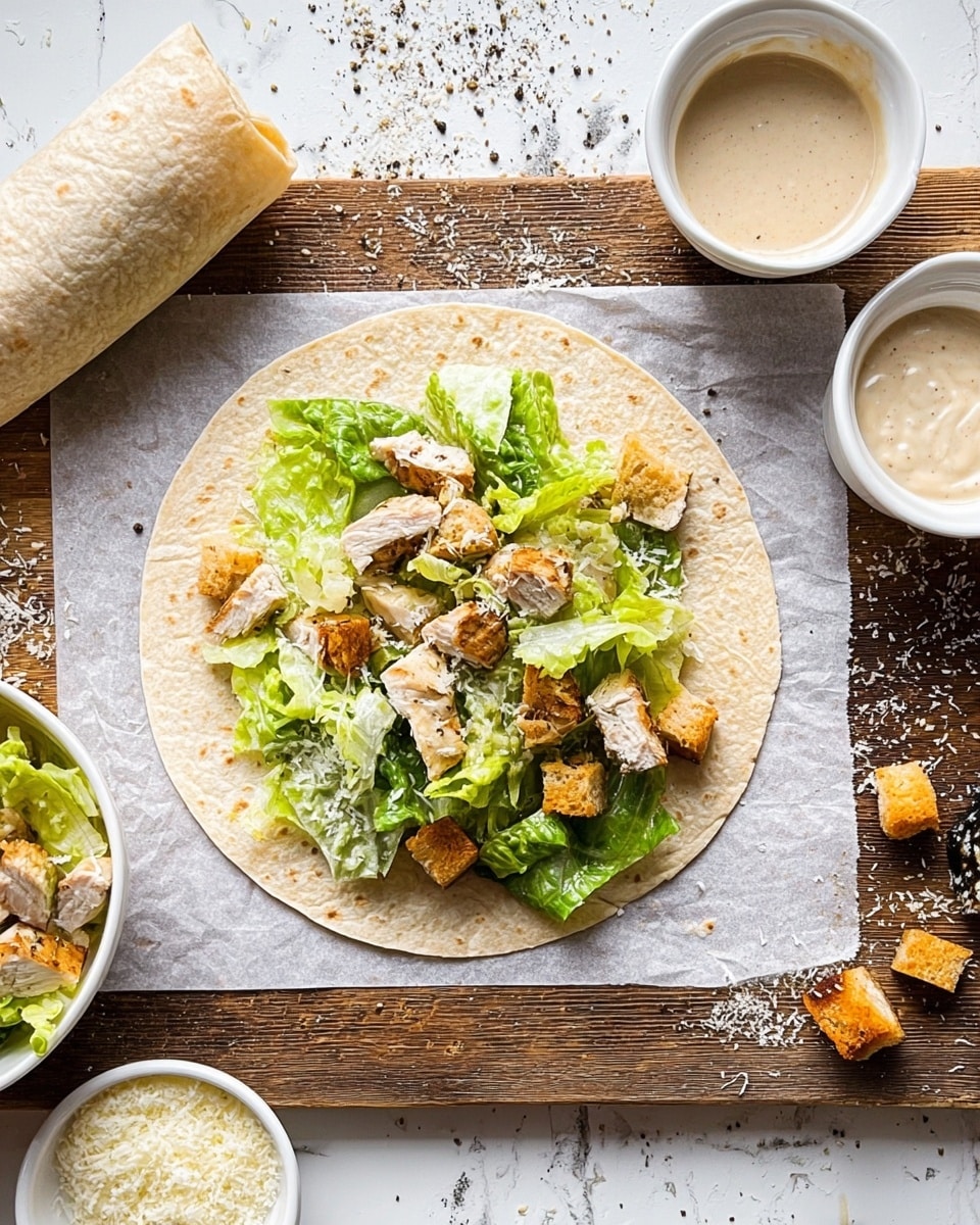 A round light brown tortilla lies flat on a piece of white parchment paper, placed on a dark wooden board with rustic texture. In the center of the tortilla, there is a mix of chopped green lettuce, small pieces of light cooked chicken with a slightly browned edge, and golden brown croutons. To the left of the tortilla, there is a rolled tortilla wrap. Surrounding the tortilla on the parchment, there are small white bowls: one with finely grated white cheese at the top left, another with a creamy light beige dressing at the top right, and a third with coarse black and white pepper at the bottom right. A couple of croutons are scattered loosely near the bowls. The background is a white marbled surface. photo taken with an iphone --ar 4:5 --v 7