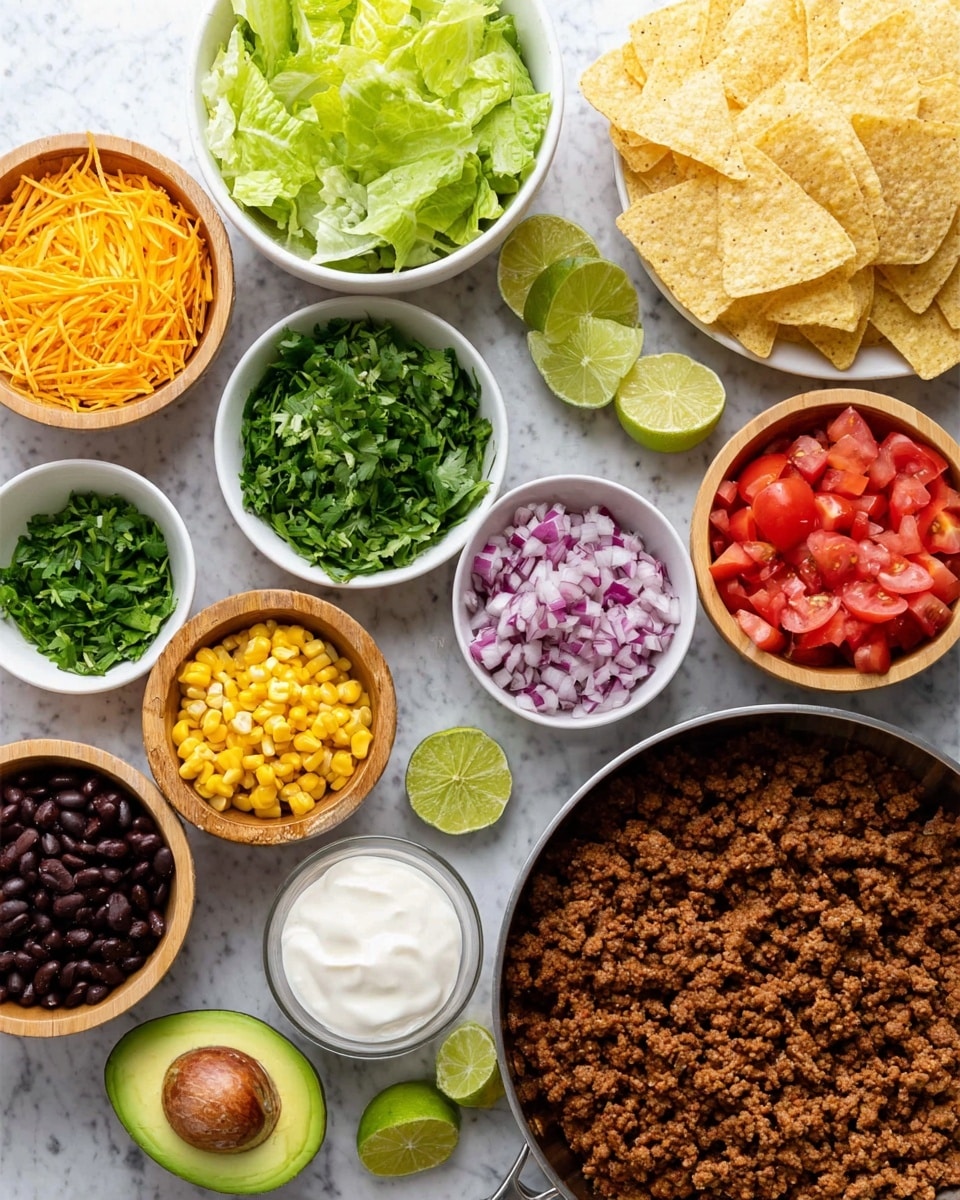 The image shows a white bowl filled with large yellowish tortilla chips at the center bottom. Surrounding it in a circle are smaller white bowls and wooden bowls with fresh ingredients: shredded bright orange cheddar cheese, green lettuce leaves, black beans, chopped green herbs, creamy white sauce, diced purple onions, bright yellow corn, halved red grape tomatoes, fresh green lime wedges, and a halved avocado with a brown seed on a white marbled surface. To the right, a large pan contains cooked crumbled brown ground meat mixed with small diced vegetables. The bowls and pan are neatly arranged in a flat lay style, creating a colorful and fresh scene. Photo taken with an iphone --ar 4:5 --v 7