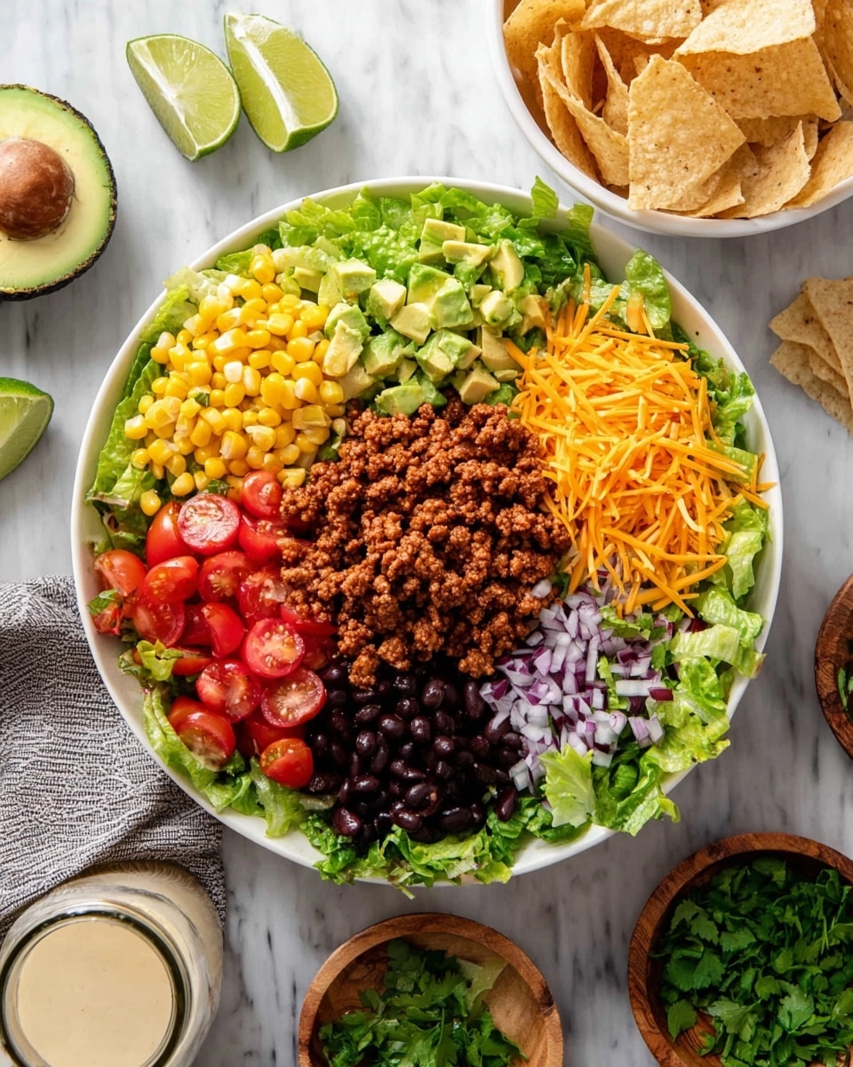 A white bowl filled with a colorful layered salad starting with a bed of green chopped lettuce at the bottom and around the edges. On top of the lettuce, arranged in separate sections, there are bright yellow corn kernels, dark black beans, small diced green avocado pieces, finely chopped light purple onions, bright orange shredded cheddar cheese, and halved red cherry tomatoes. In the center of the bowl, there is a mound of cooked seasoned ground meat that is brown with a slightly crumbly texture. The bowl is placed on a white marbled surface, surrounded by half an avocado, a jar of dressing, small wooden bowls with green herbs and lime wedges, and a white bowl filled with light brown tortilla chips. Photo taken with an iphone --ar 4:5 --v 7