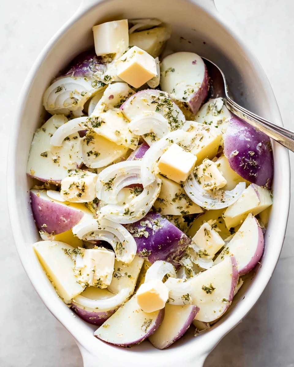 The image shows a white dish filled with thick slices of raw potatoes mixed with thin rings of white onion, scattered with small cubes of pale yellow butter and sprinkled with green dried herbs. The potatoes have patches of purple skin still attached, and the butter cubes are placed evenly on top and between the potato slices. A silver spoon is resting inside the dish, partly covered by the ingredients. The dish is set on a white marbled surface. photo taken with an iphone --ar 4:5 --v 7