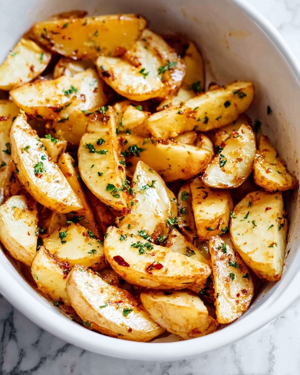 The image shows a white round dish filled with multiple potato slices cooked to a golden brown color. The potato slices are layered thick, some resting on top of others, with a slightly shiny texture from the cooking oil or butter. The potatoes are sprinkled with small green bits of parsley and tiny red chili flakes scattered evenly across the surface. The inside of the dish has some browned spots, indicating a baked or roasted cooking style. A metal spoon is partially visible inside the dish, slightly covered by the potatoes. The dish is placed on a white marbled surface. Photo taken with an iphone --ar 4:5 --v 7