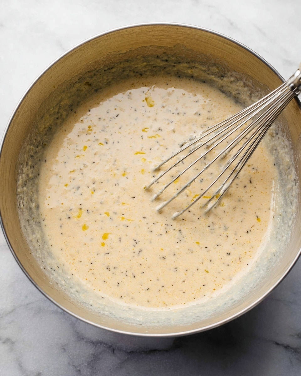 A large silver mixing bowl filled with a light beige batter that has small dark specks and tiny yellow bits spread evenly throughout. A metal whisk rests inside the batter, with some of the batter clinging lightly to its wires. The bowl sits on a surface with a white marbled texture. The texture of the batter looks creamy with small bubbles and a slightly thick consistency. photo taken with an iphone --ar 4:5 --v 7