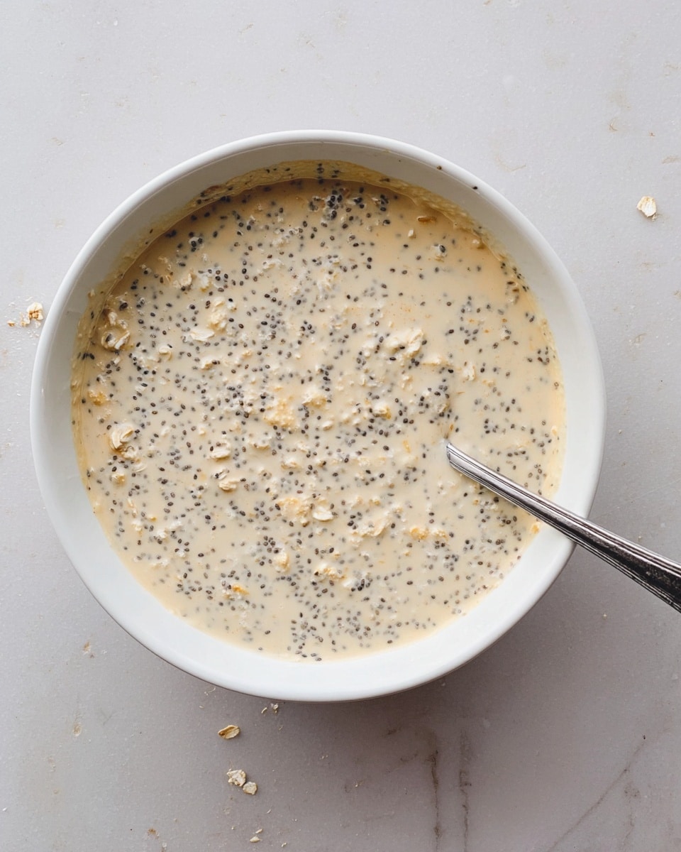 A white bowl filled with a creamy beige mixture that has tiny black chia seeds and small oatmeal pieces spread evenly throughout. A metal spoon rests inside the bowl on the right side, slightly submerged in the mixture. The bowl sits on a white marbled surface with some small scattered crumbs near it. photo taken with an iphone --ar 4:5 --v 7