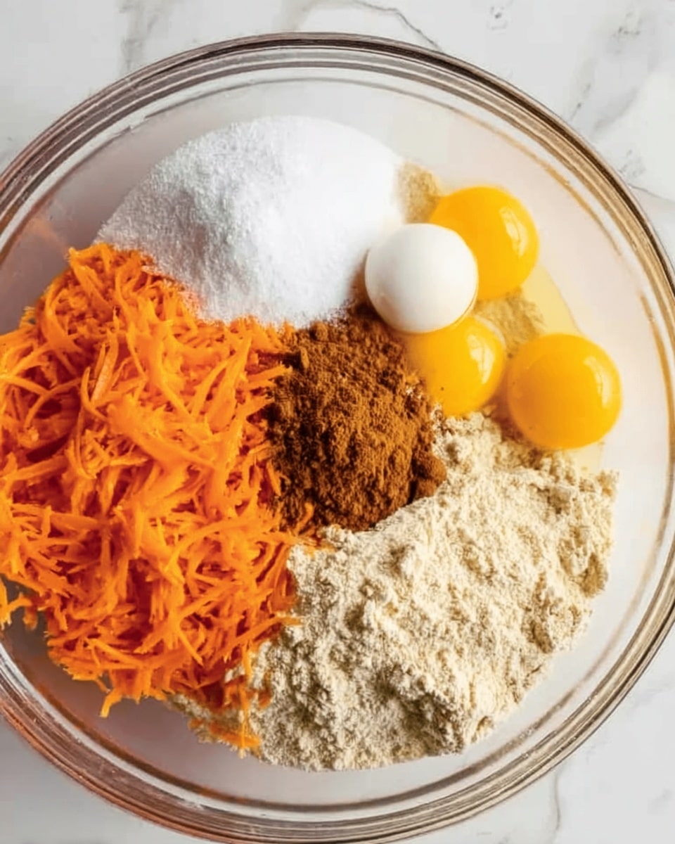 A clear glass bowl on a white marbled surface holds several separate ingredients: a pile of bright orange shredded carrots in the bottom left, a mound of light beige flour on the bottom right, three raw yellow egg yolks toward the top right, a small dollop of white creamy ingredient next to a heap of dark brown cinnamon in the top center, and a pile of white sugar on the top left. The ingredients are distinct and not mixed, creating a colorful arrangement inside the bowl. Photo taken with an iphone --ar 4:5 --v 7