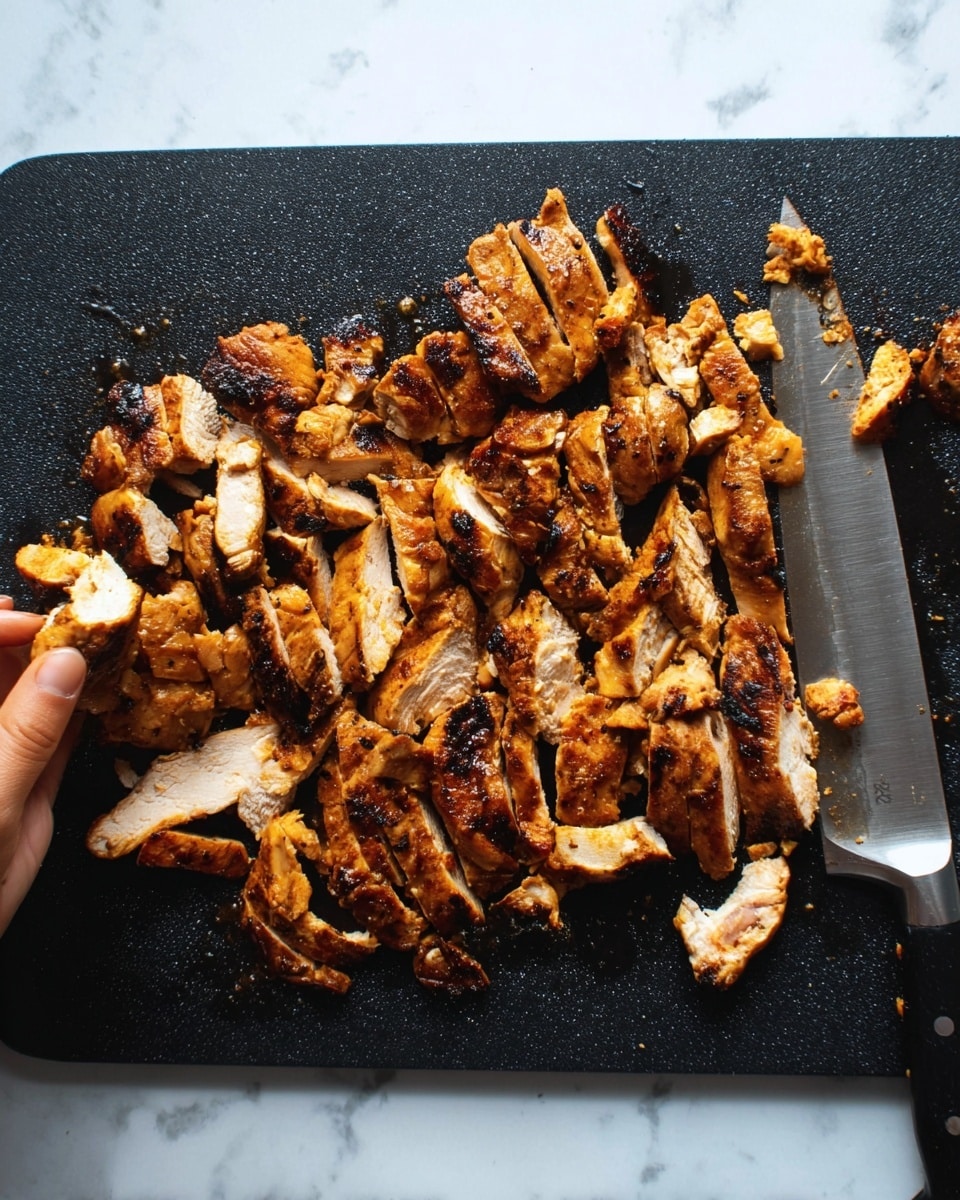 The image shows a black cutting board with many pieces of cooked chicken sliced into strips and chunks. The chicken has a golden brown color with some darker grilled marks, showing a crispy texture on the outside and a lighter, tender inside. On the right side of the cutting board, a sharp knife rests partially under the chicken. At the bottom left, a woman's hand holds a piece of chicken. The background and surface is a white marbled texture. photo taken with an iphone --ar 4:5 --v 7