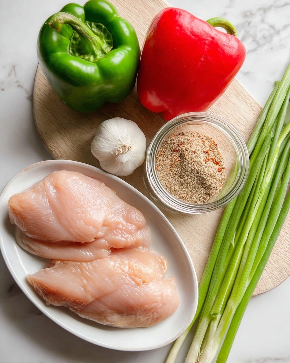 The image shows a white oval plate on the left holding three raw, smooth, pale pink chicken meat pieces stacked close together. Above the plate, there is a whole green bell pepper and a whole red bell pepper, both shiny and fresh. To the right of these peppers, there is a whole white garlic bulb with its papery skin intact. Next to the garlic is a clear glass jar with a metal lid containing a light brown spice mix with a coarse texture. On the far right, there are several fresh green onion stalks lying on a white marbled surface underneath everything. photo taken with an iphone --ar 4:5 --v 7
